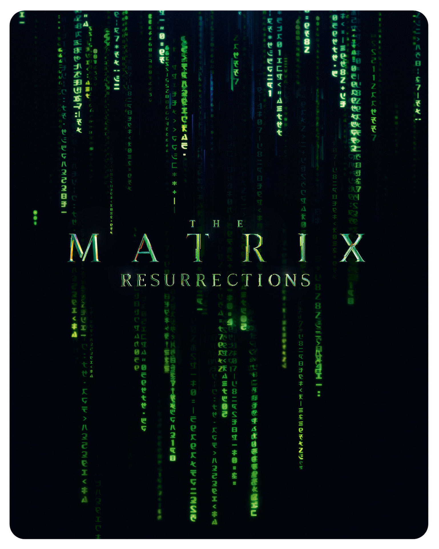 Das Matrix Resurrections DVD-Cover mit grünem Code, der herunterfällt. Titel in Weiß. Schwarzer Hintergrund.
