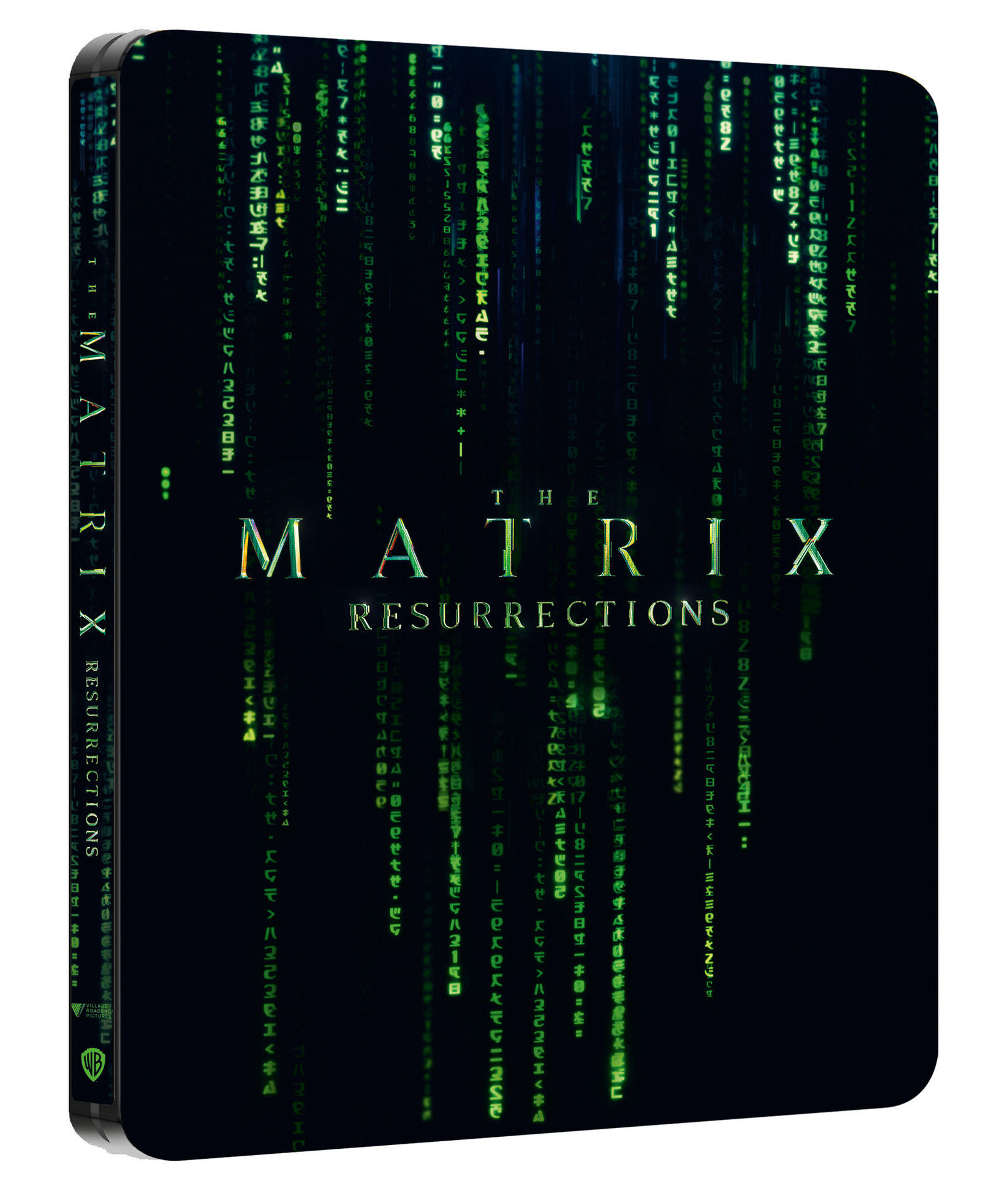 Ein schwarzer Filmkoffer mit grünem Text von 'THE MATRIX RESURRECTIONS' und einem fallenden Code-Effekt.