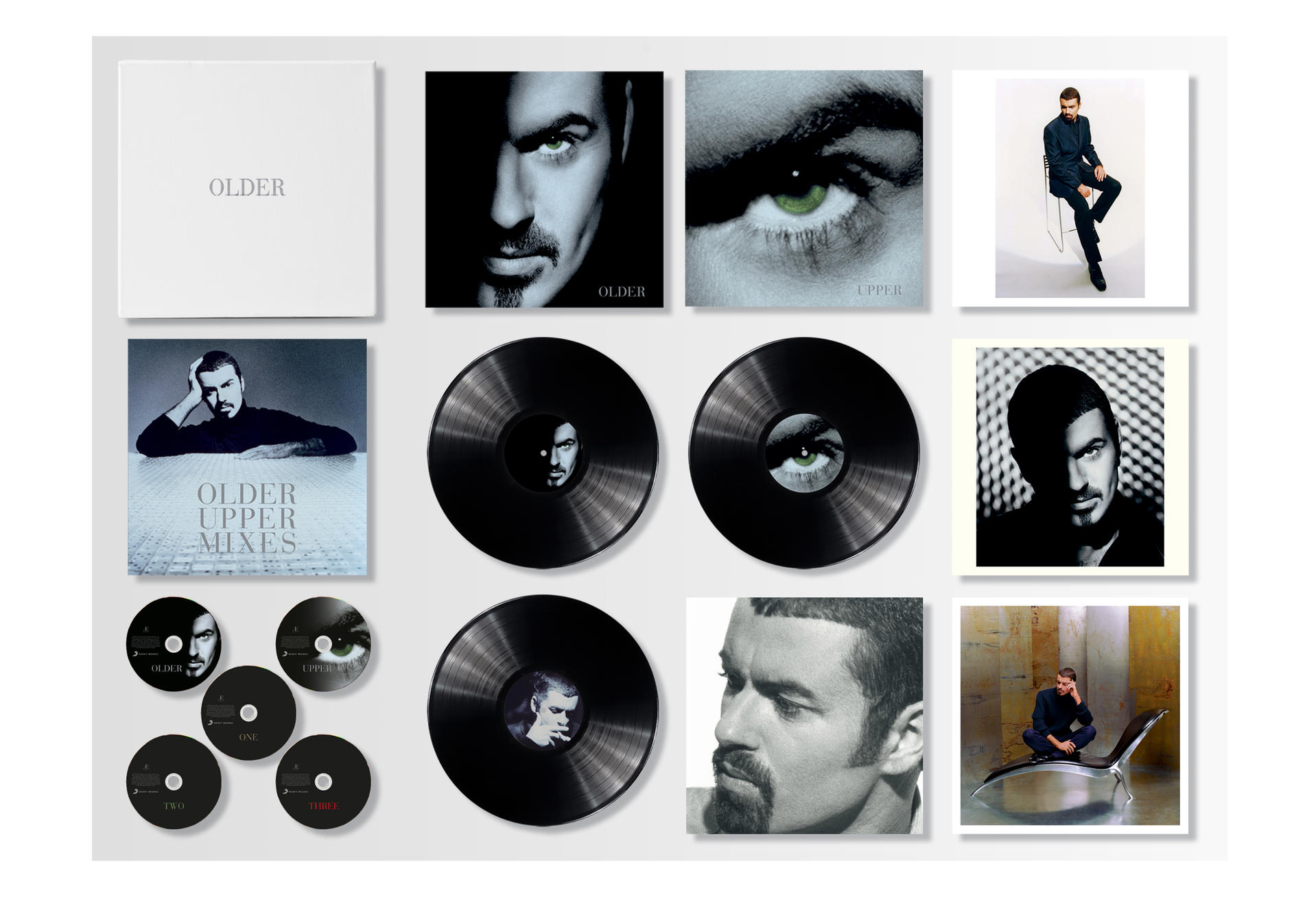 Albumcover mit mehreren Bildern eines Mannes, Schallplatten und CDs auf weißem Hintergrund.