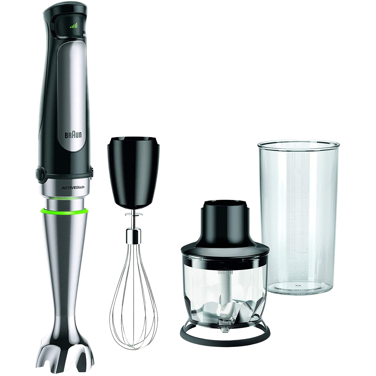 Licuadora Braun ActiveBlade con varios accesorios. Negro y plata. Incluye un vaso y un batidor.