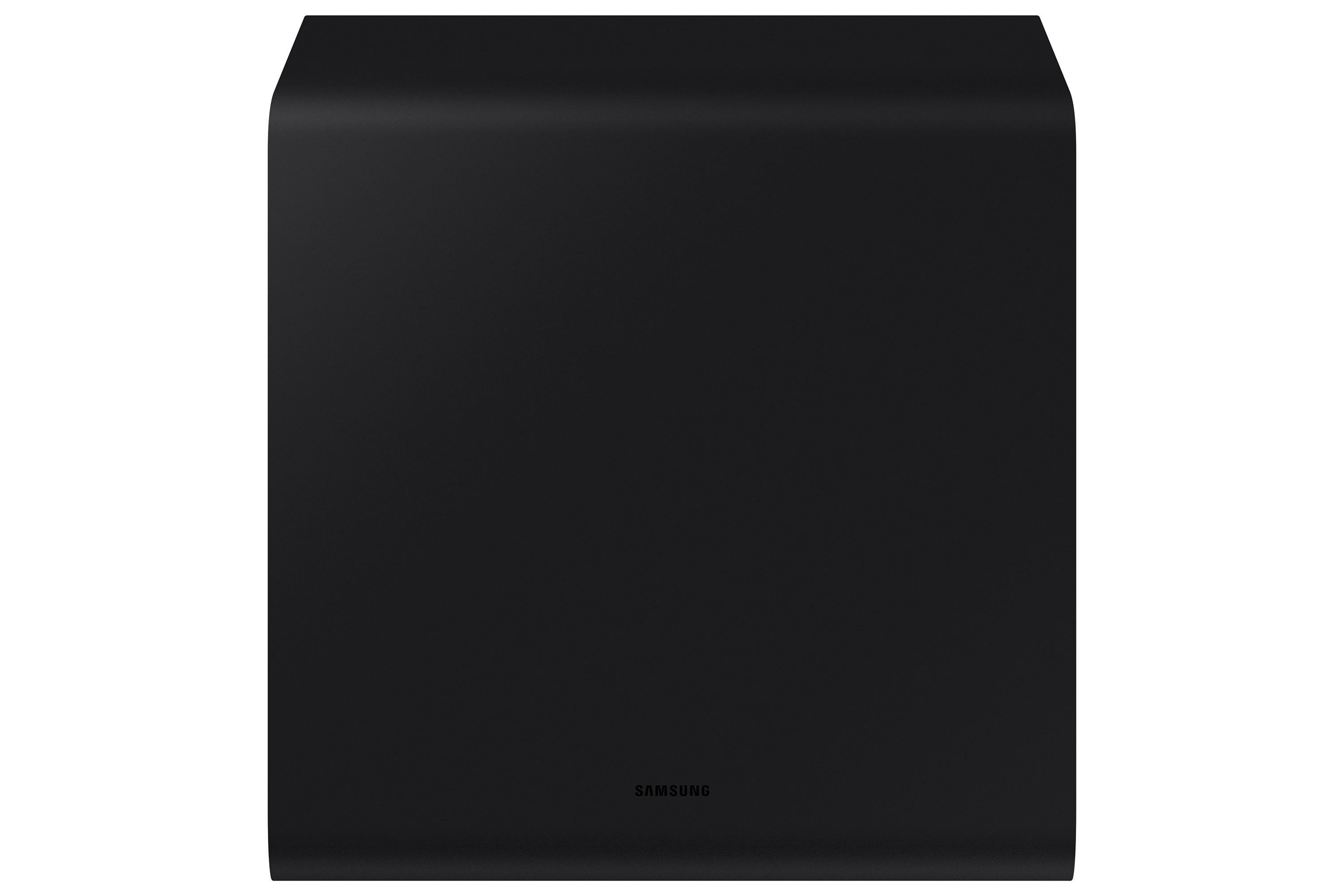 Schwarzer Subwoofer mit abgerundeten Ecken, mit dem Wort SAMSUNG am Boden.
