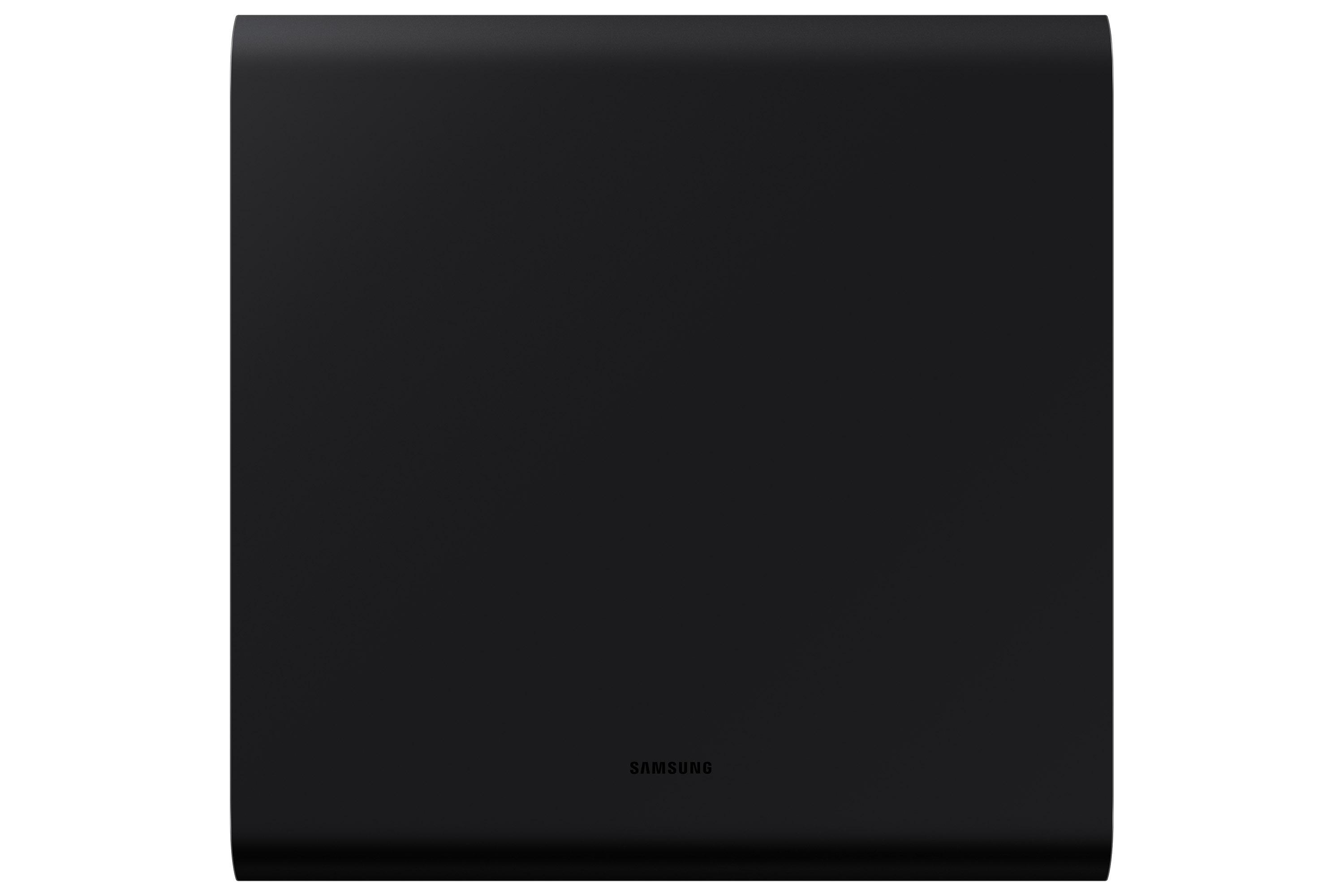 Schwarzer rechteckiger Subwoofer mit dem Samsung-Logo mittig am unteren Rand.
