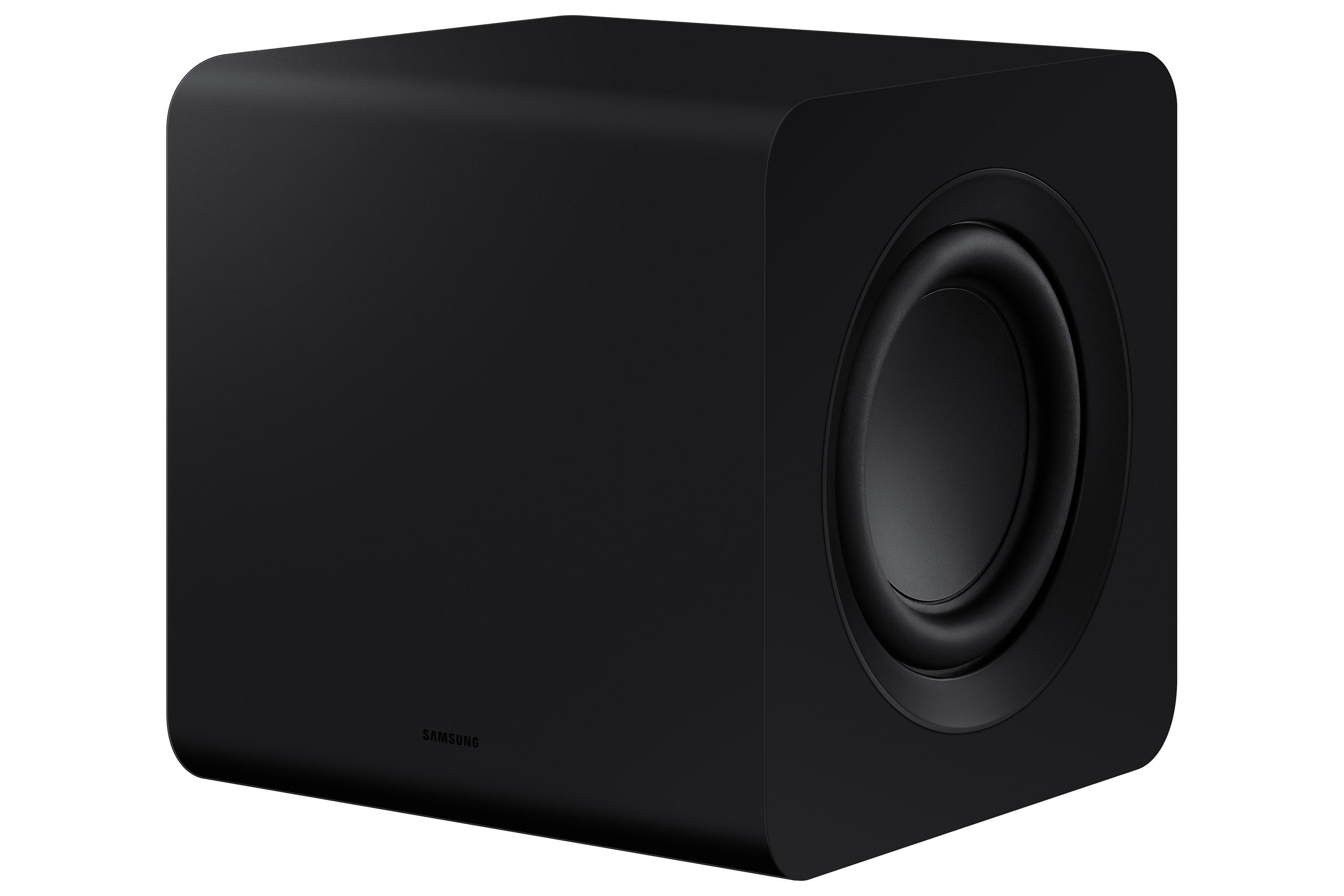 Schwarzer Subwoofer-Lautsprecher. Rechteckig mit abgerundeter Front und kreisförmigem Lautsprecher.