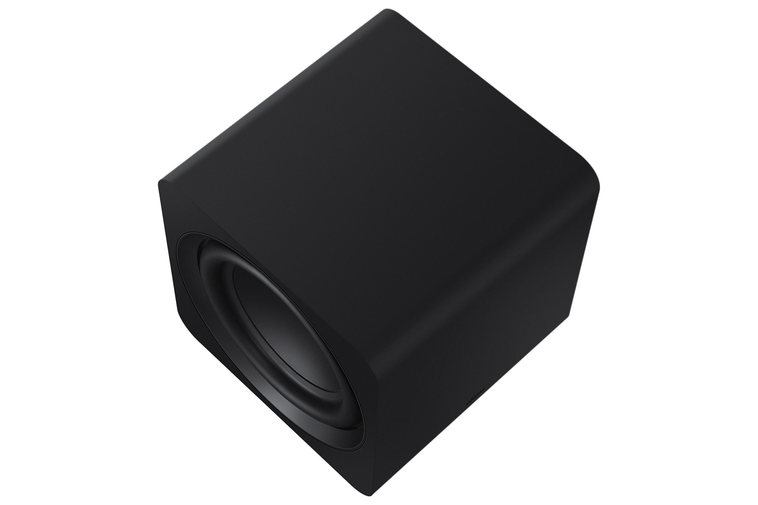 Ein schwarzer Subwoofer-Lautsprecher mit abgerundeter Form. Er hat einen großen kreisförmigen Lautsprecher.