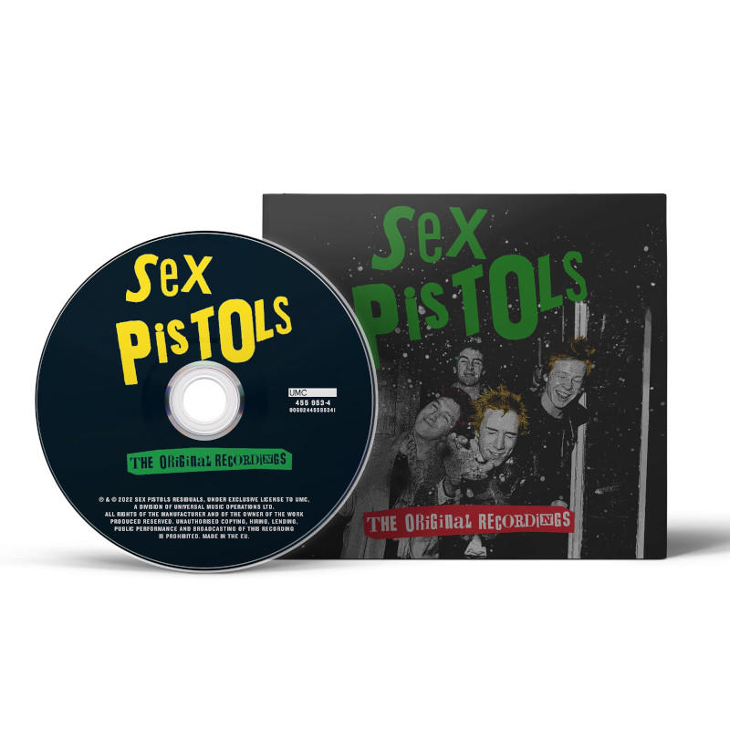 Un CD avec le logo Sex Pistols et la pochette de l'album avec les membres du groupe.
