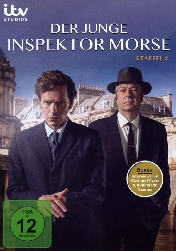 DVD-Cover: zwei Männer in Anzügen. Text: Der Junge Inspektor Morse, Staffel 8. ITV Studios Logo.
