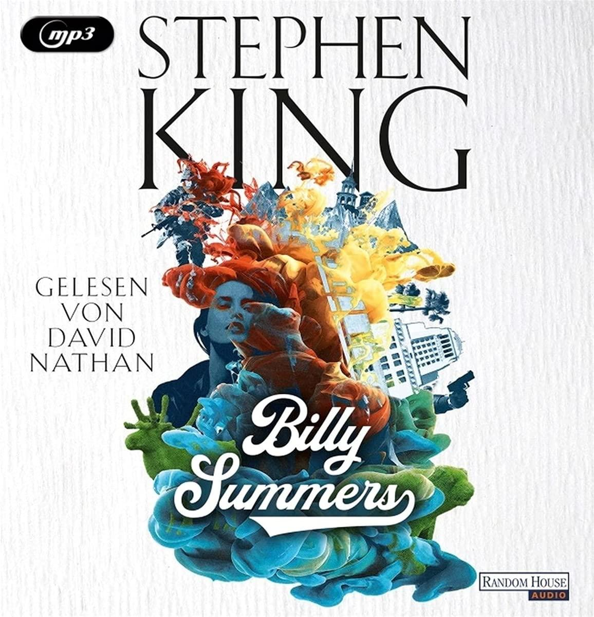 Buchcover mit Stephen Kings Titel 'Billy Summers'. Bunte Illustration mit einer Frau und Gebäuden.