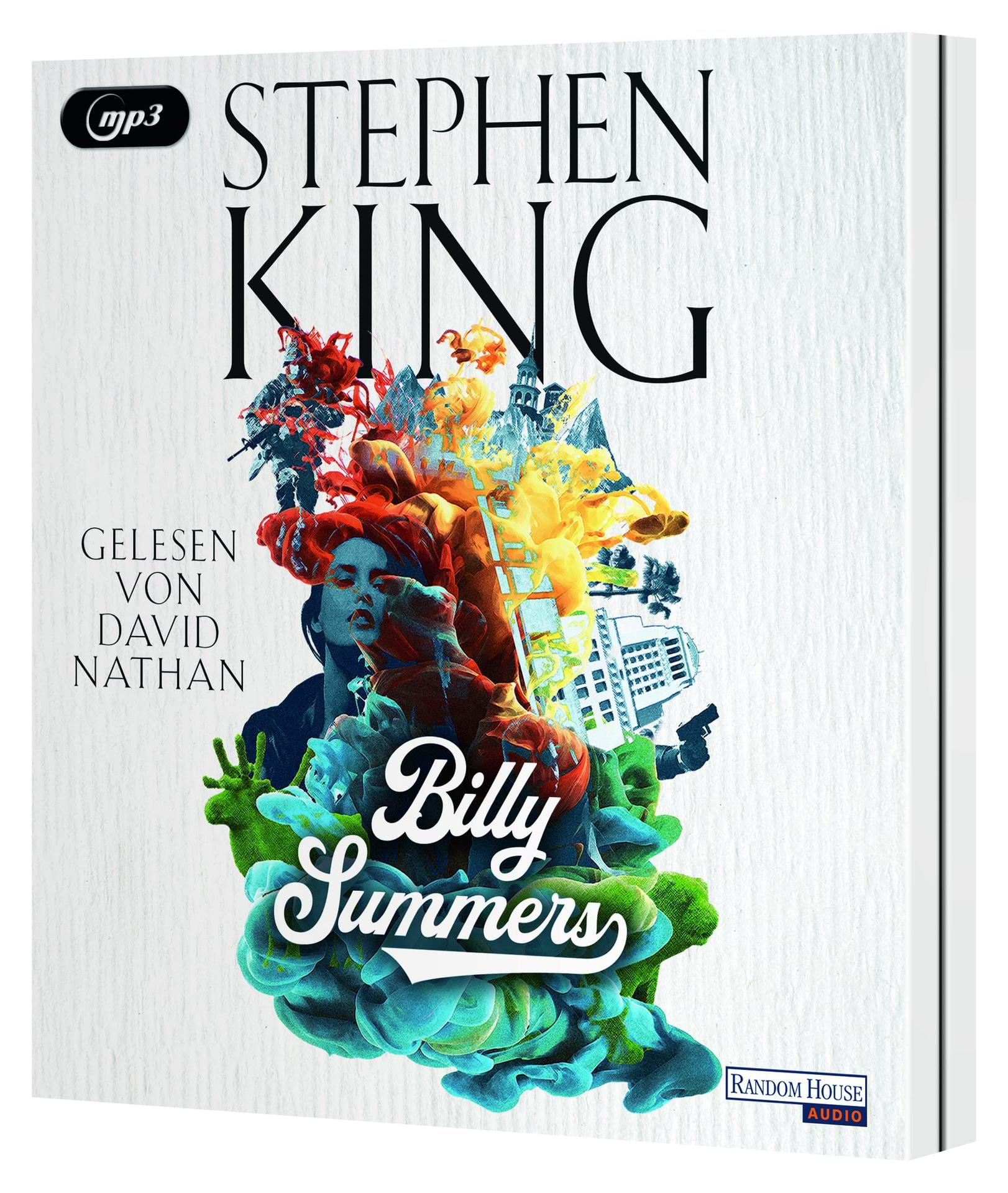 Buchcover für Stephen Kings „Billy Summers“. Enthält Illustrationen und den Titeltext.