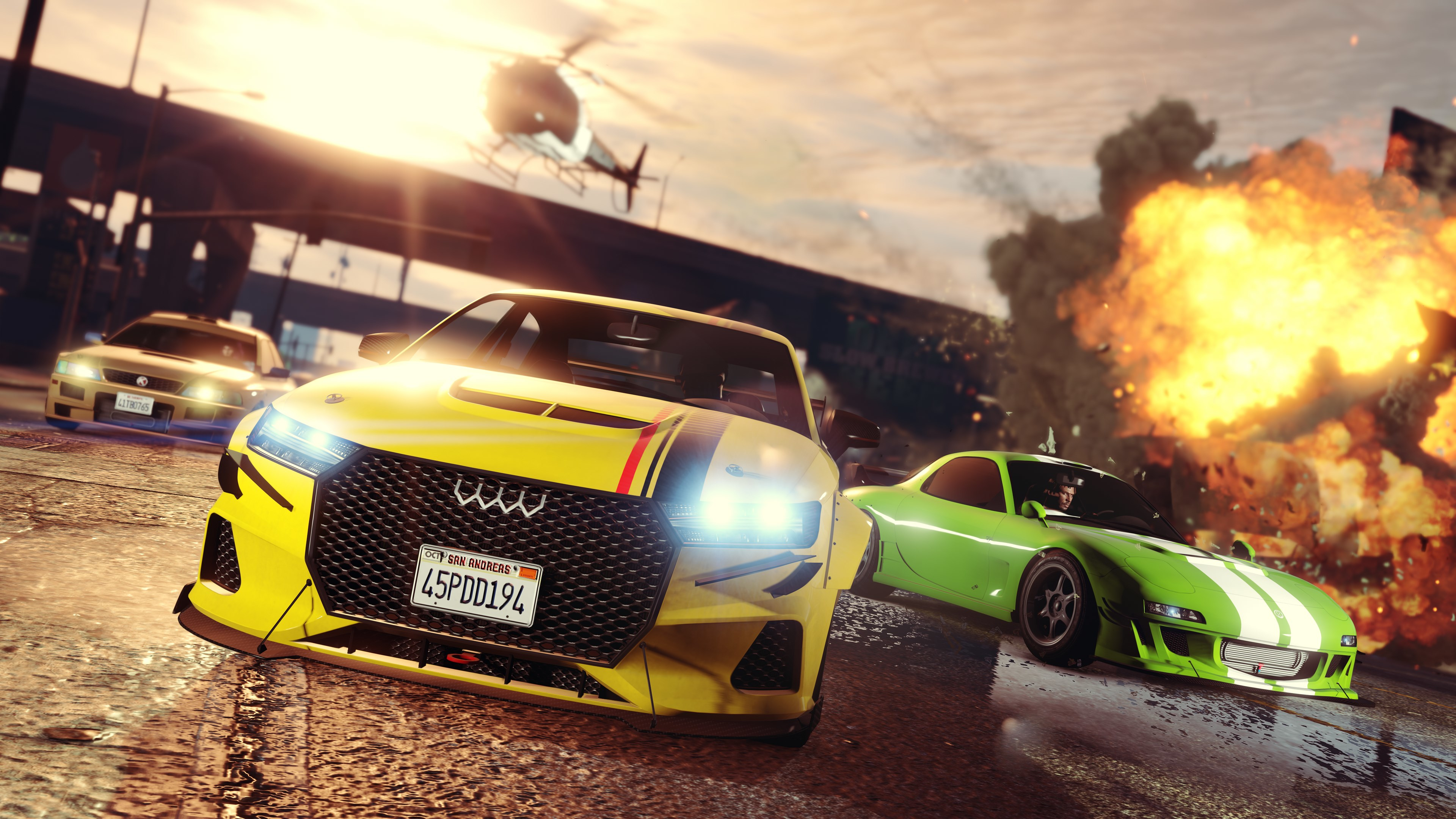 Une scène de course-poursuite à grande vitesse dans un jeu vidéo avec explosions.