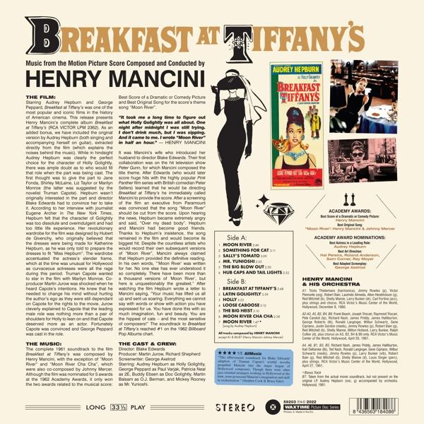 Reggeli a Tiffany's-ban album borítója. Audrey Hepburn képe, szöveg és díjak.