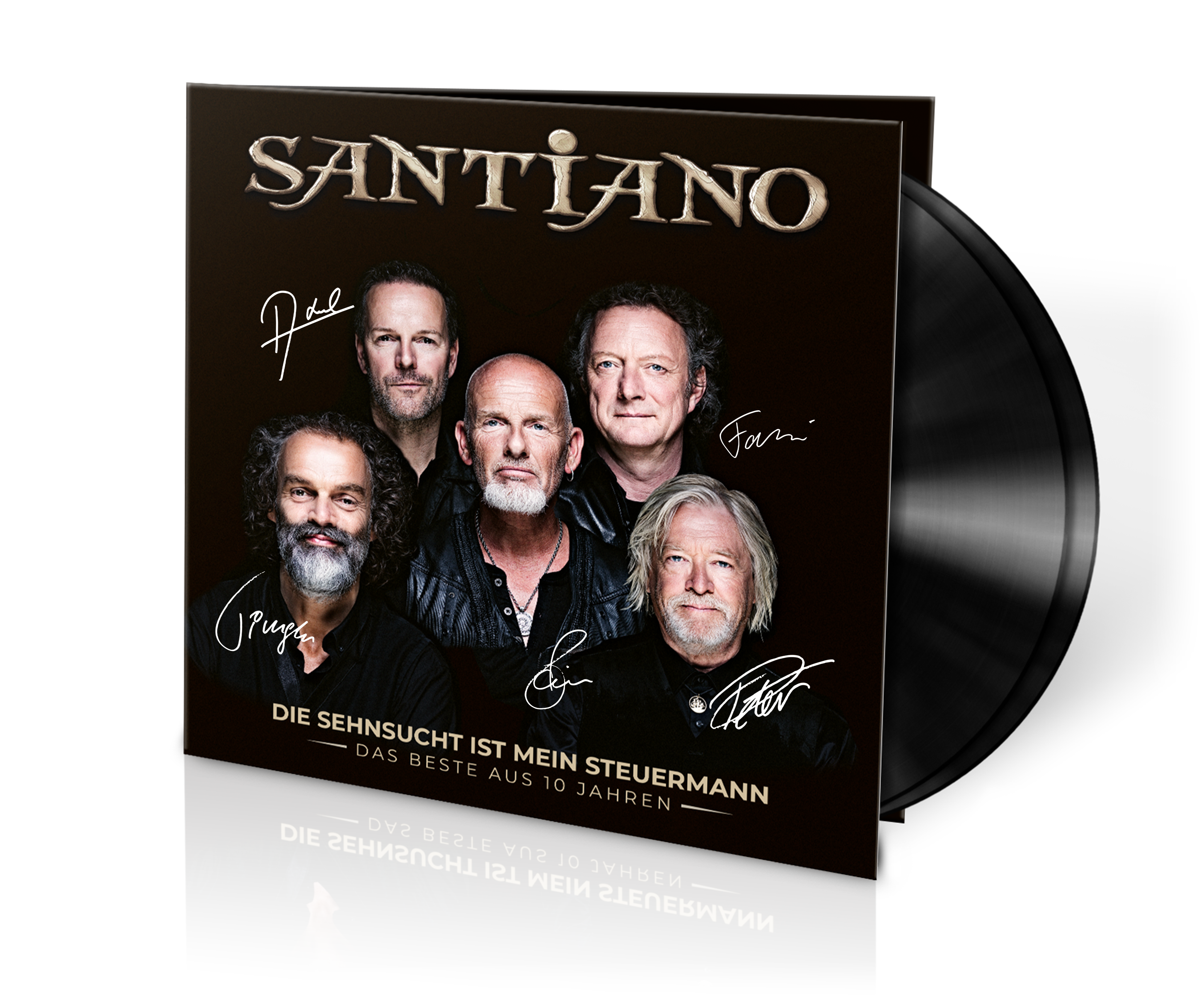 Albumcover der Band Santiano. Es hat Bandmitglieder, Unterschriften und Text auf dunklem Hintergrund mit CD.