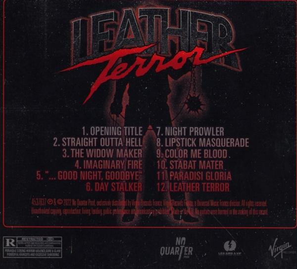 Albumcover, Leather Terror, roter Hintergrund, Titelliste.