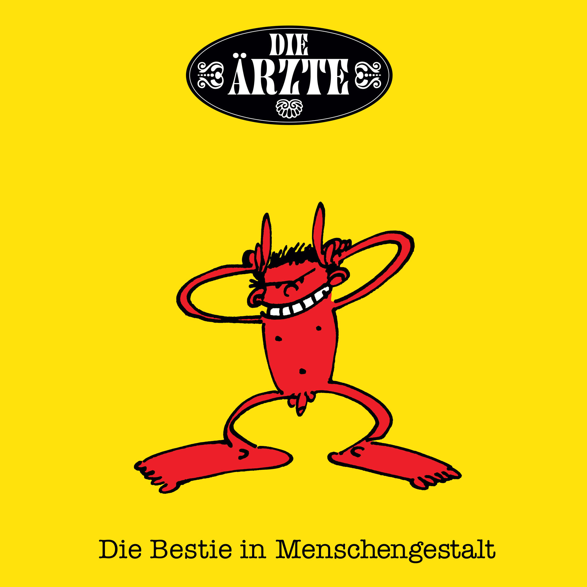 Gelber Hintergrund mit rotem Teufel-Cartoon. Bandlogo oben und Text unten.