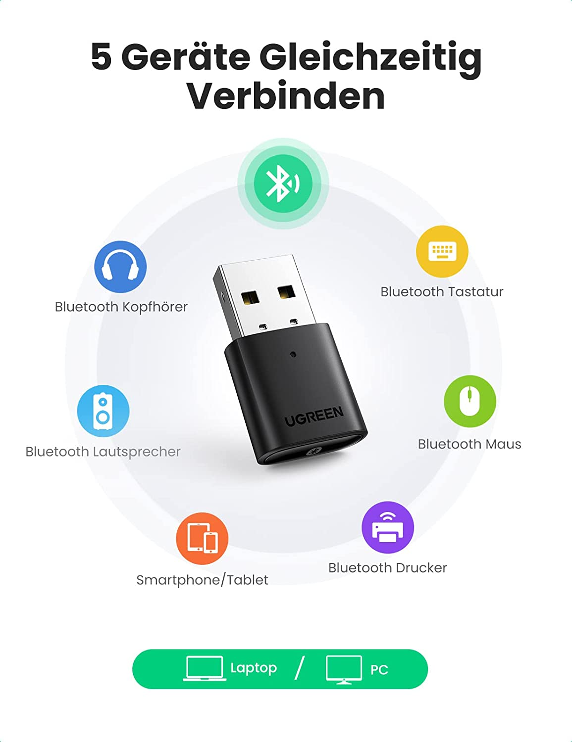 Schwarzer USB-Adapter mit Bluetooth-Gerätesymbolen. Verbindet mehrere Geräte.