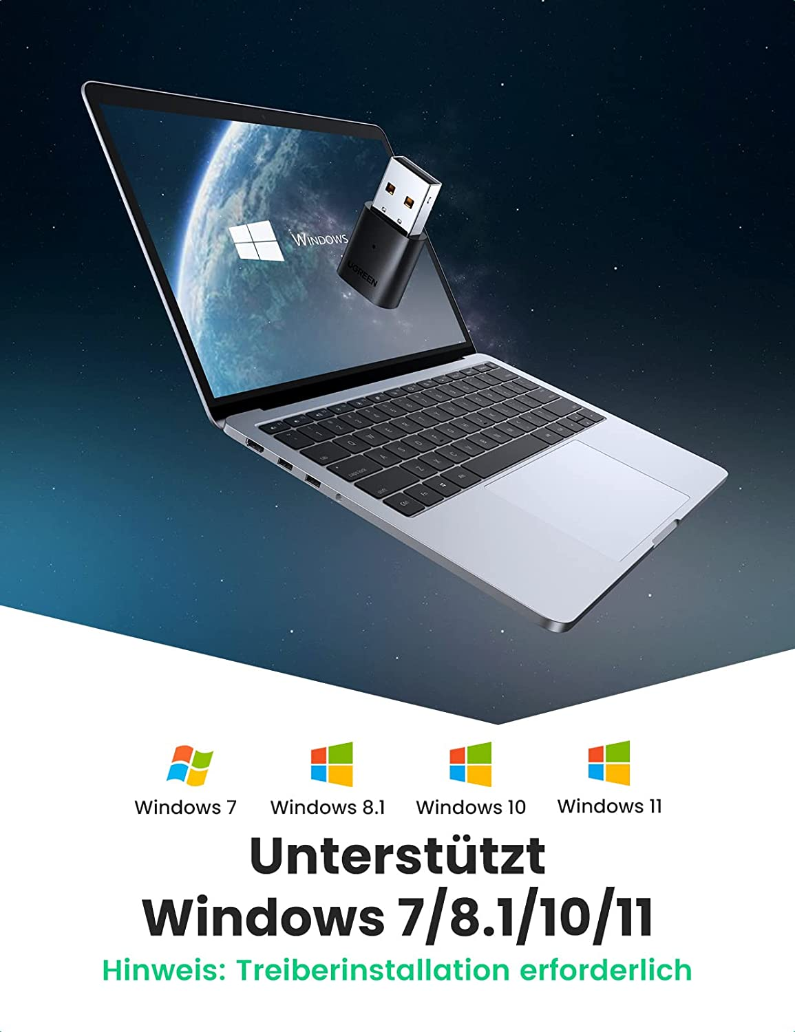 Laptop mit USB-Adapter, der einen Windows-Bildschirm anzeigt und Windows-Versionen unterstützt.