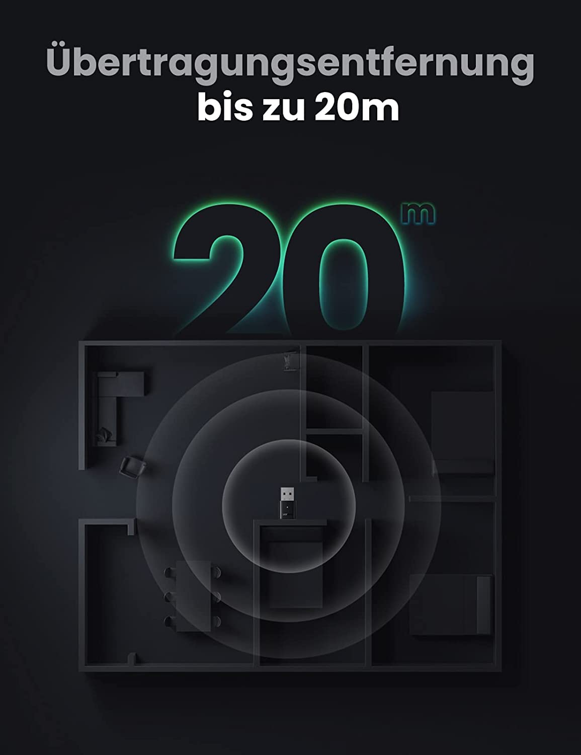 Diagramm mit Grundriss und nach außen strahlendem Signal, beschriftet '20m'.