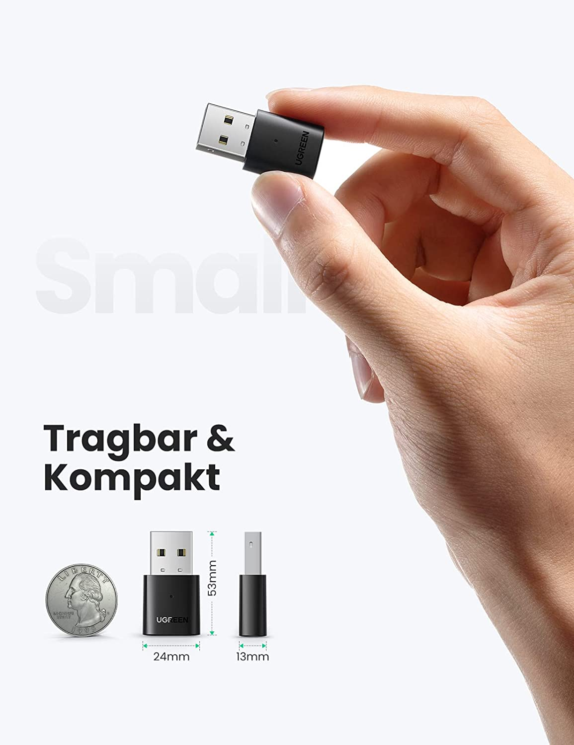 Schwarzer UGREEN USB-Adapter neben einem Vierteldollar, zeigt Größenvergleich.
