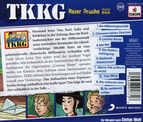 Rückseite eines TKKG-Buchcovers. Illustrationen von Charakteren und Text auf Deutsch.