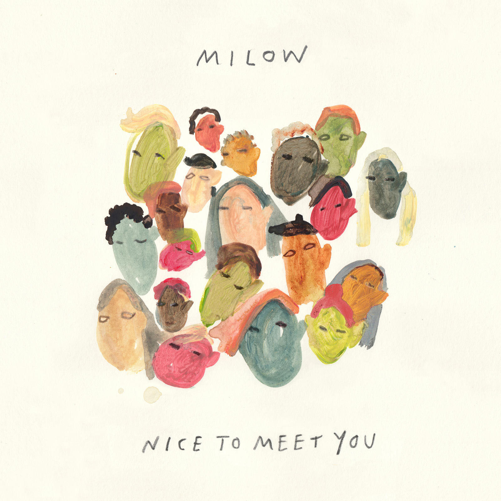 Albumcover von 'Milow - Nice to Meet You' mit einer Sammlung von illustrierten Gesichtern verschiedener Hauttöne und Farben.