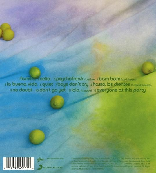Album-Rückseite. Titelliste, Credits mit Zitronen im Hintergrund.
