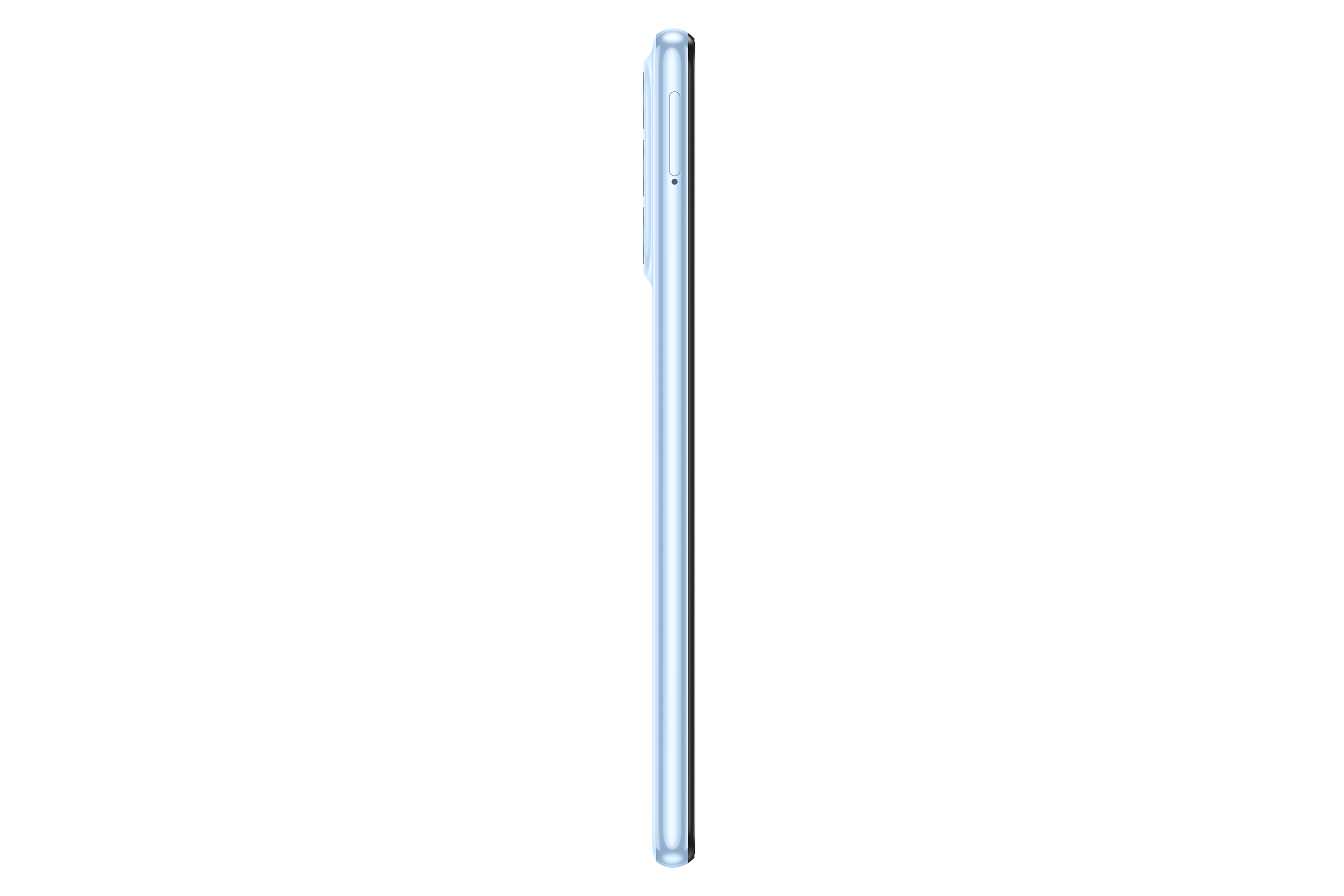 Açık mavi bir telefonun yan görünümü, kenarı ve siyah bir arka plan gösterir.