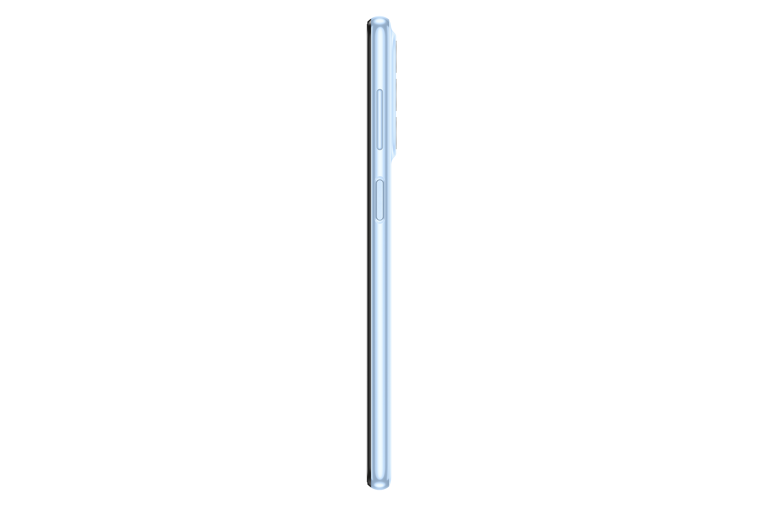 Siyah bir arka plan üzerinde açık mavi bir akıllı telefonun yan görünümü, düğmeler görülebilir.