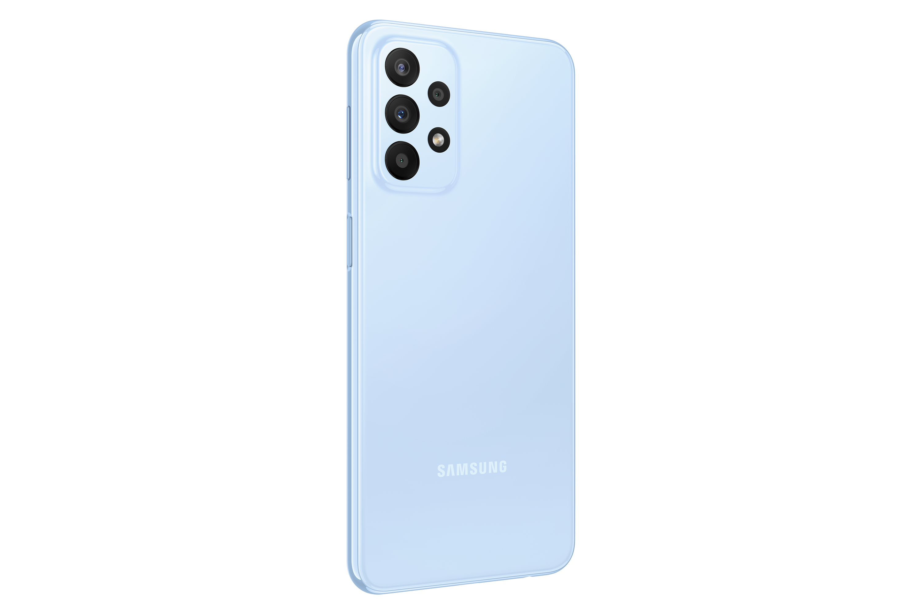 Siyah arka plan üzerinde açık mavi Samsung telefon, üç arka kamera ve Samsung logosu ile.