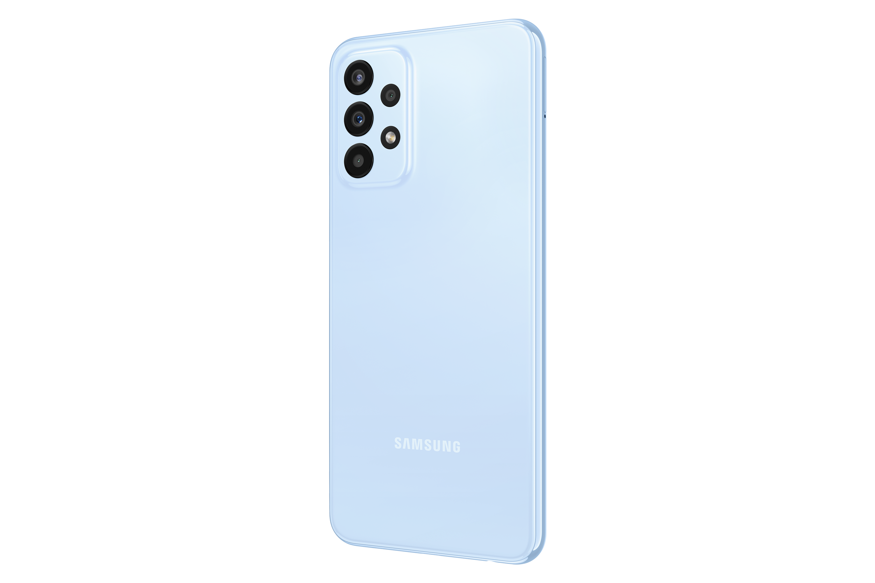 Çoklu kameralı ve marka isimli açık mavi Samsung telefon arkası. Siyah zemin.