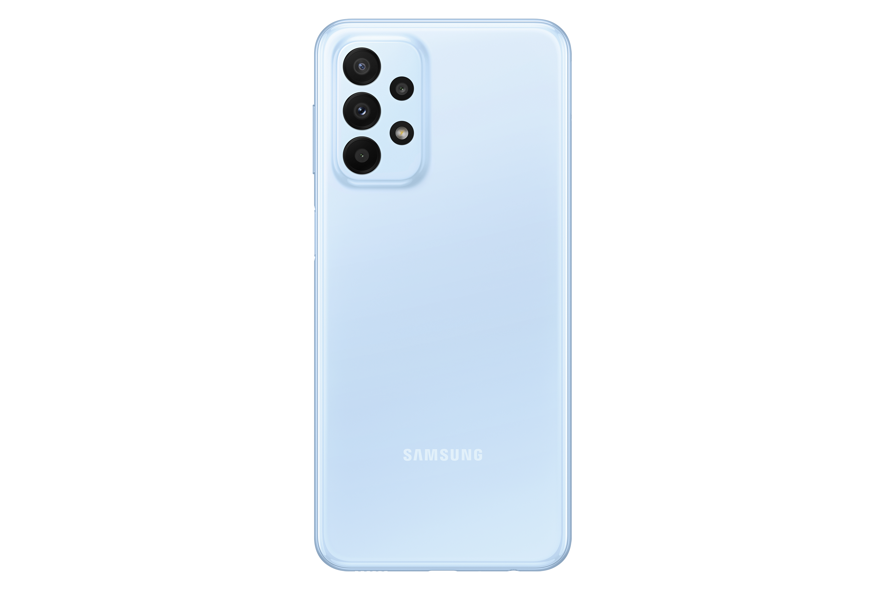 Açık mavi akıllı telefon arkası, kamera lensleri ve Samsung logosu ile, siyah arka plan.