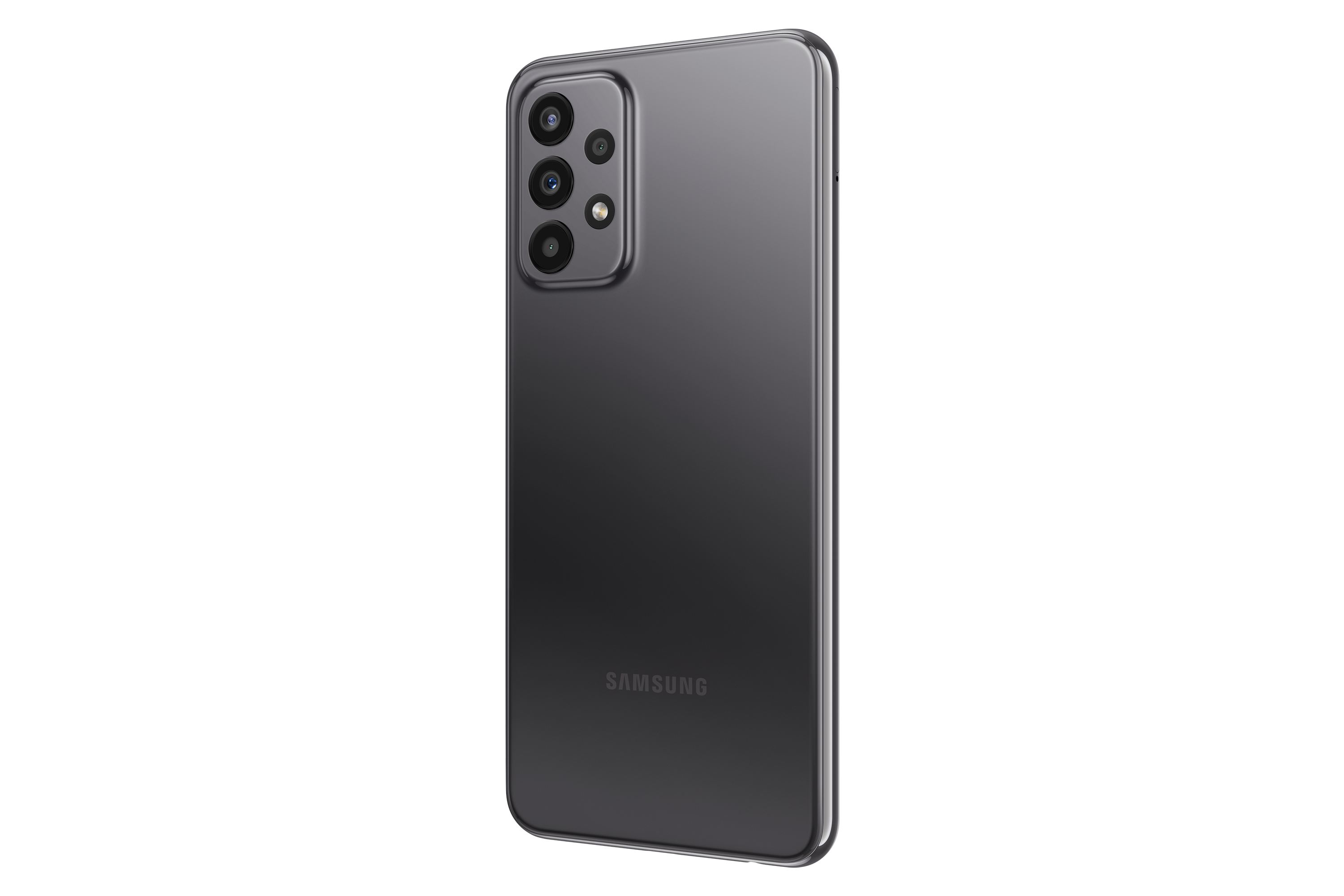 Koyu gri bir Samsung telefon, arka görünüm, çoklu kameralarla. Arka plan siyah.