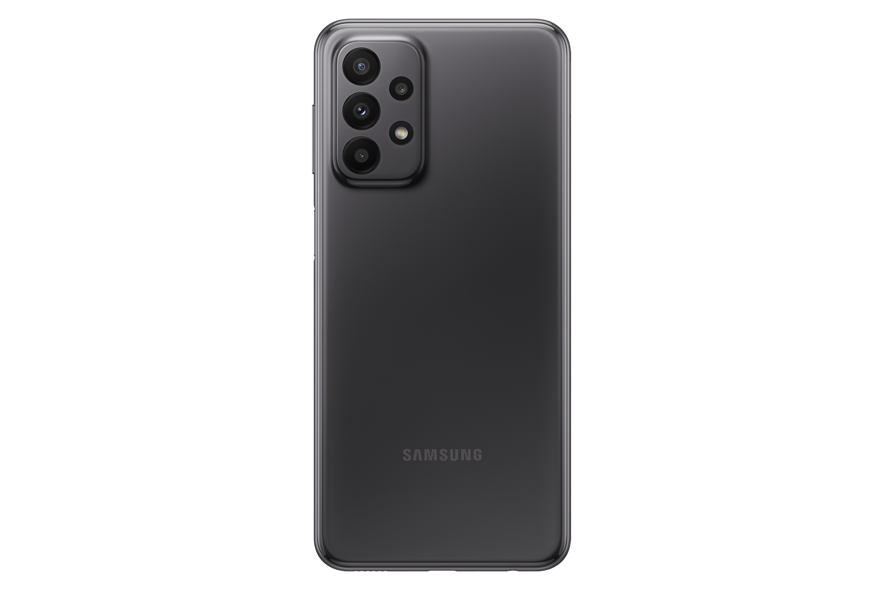 Siyah akıllı telefonun arkası. Çoklu kameralar ve Samsung logosu.
