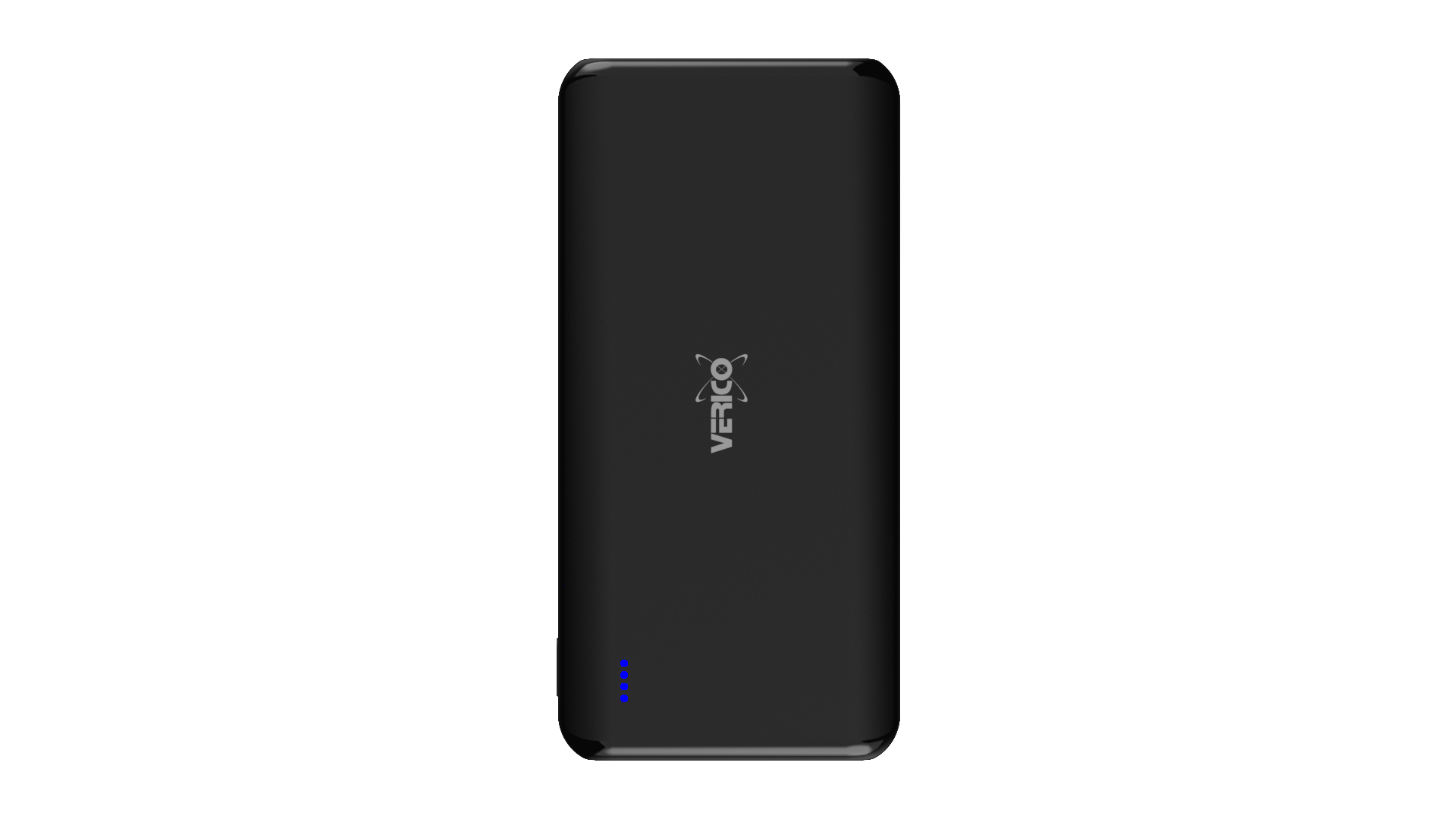Eine schwarze Powerbank mit Verico-Logo und blauen Kontrollleuchten.
