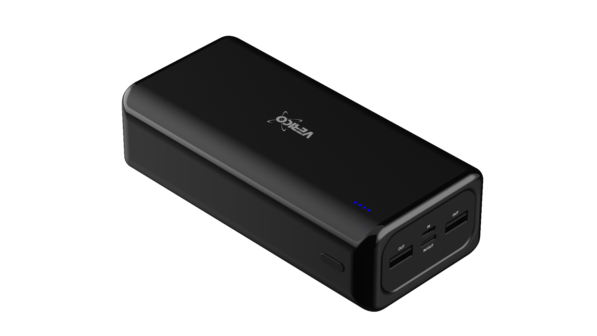 Schwarze Powerbank mit vier USB-Anschlüssen.