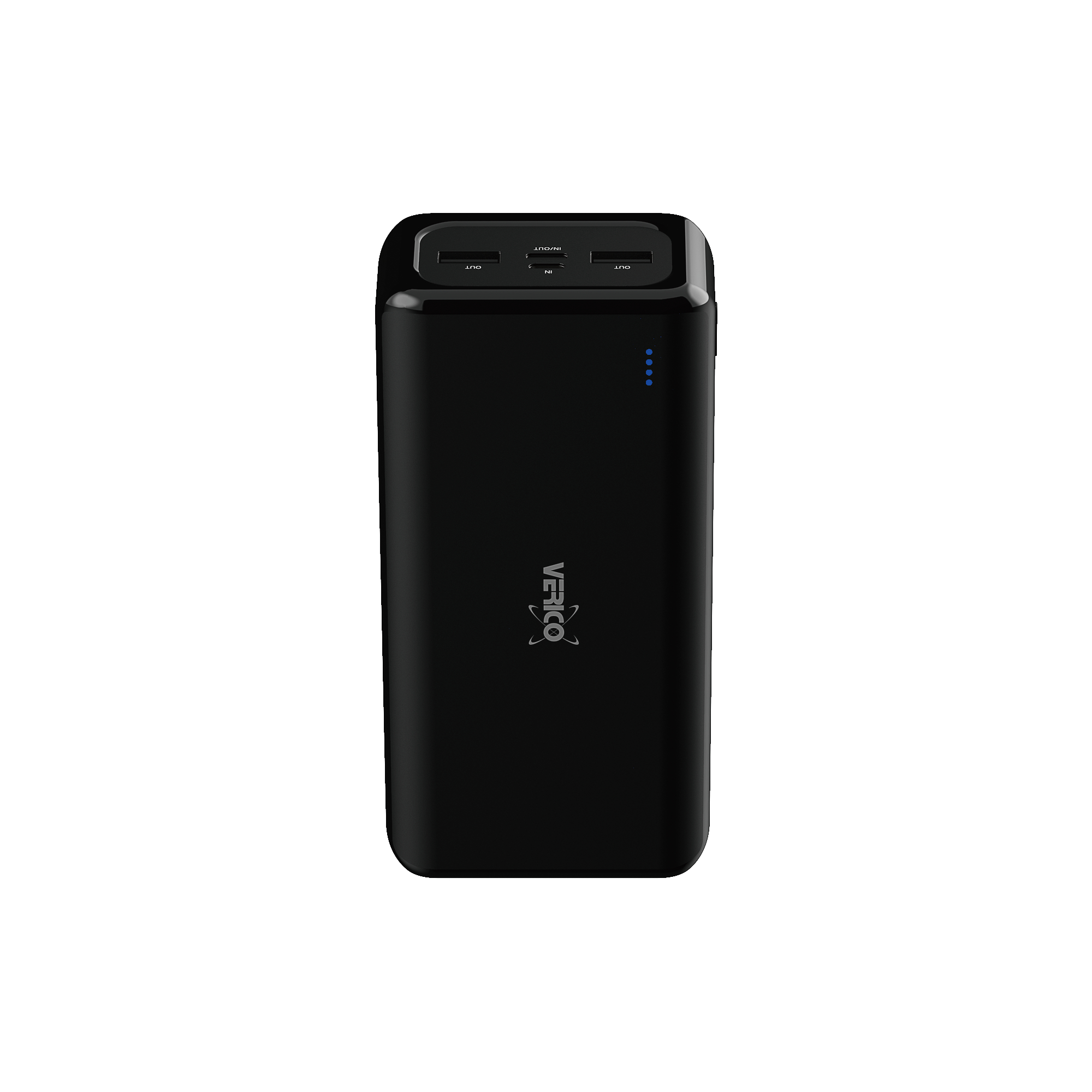Eine schwarze Powerbank mit USB-Anschlüssen. Sie hat ein Verico-Logo und vier blaue Kontrollleuchten.