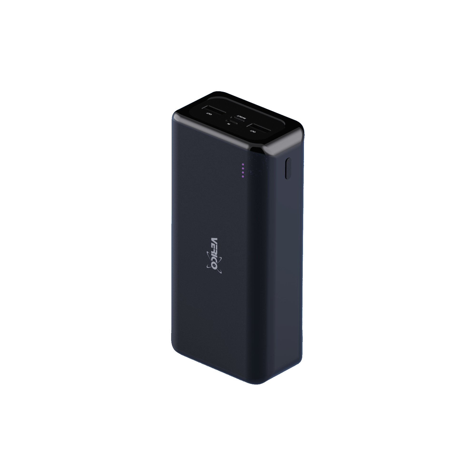 Schwarze Powerbank mit mehreren Anschlüssen und Stromanzeige. Weißer Hintergrund.