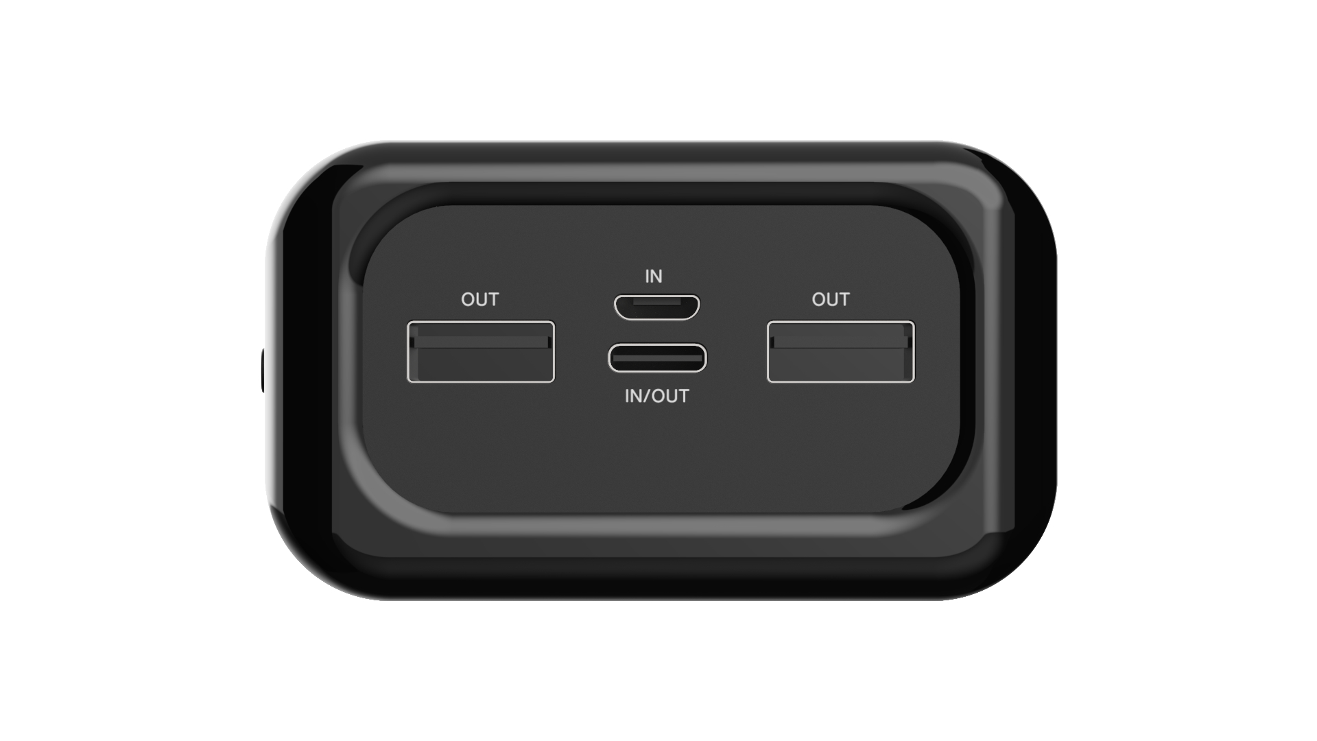 Schwarze Powerbank mit USB-Anschlüssen und einem USB-C-Anschluss. IN, OUT und IN/OUT Beschriftungen.