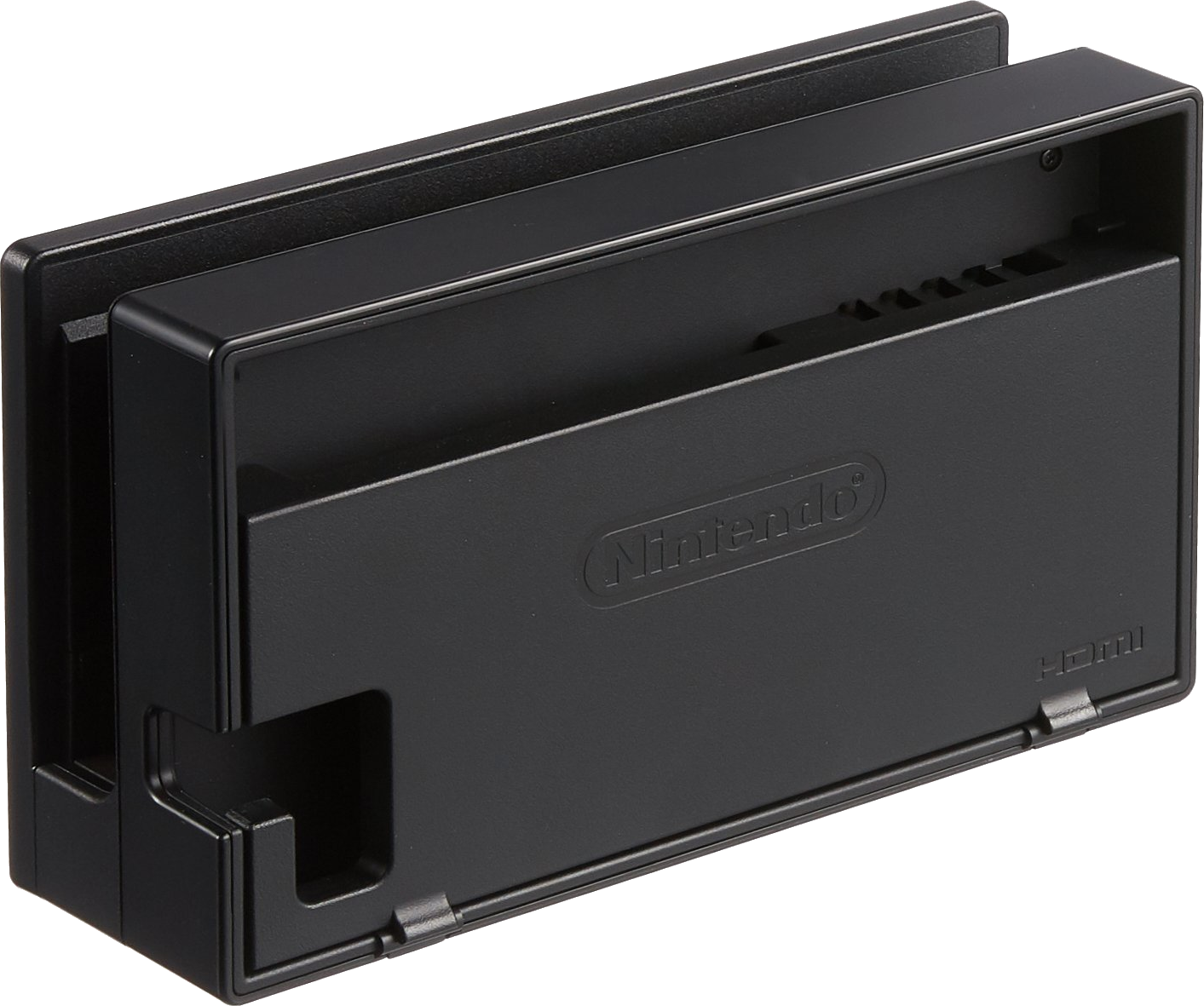 Egy fekete Nintendo Switch dokkoló. Látható rajta a Nintendo logó és a HDMI port.