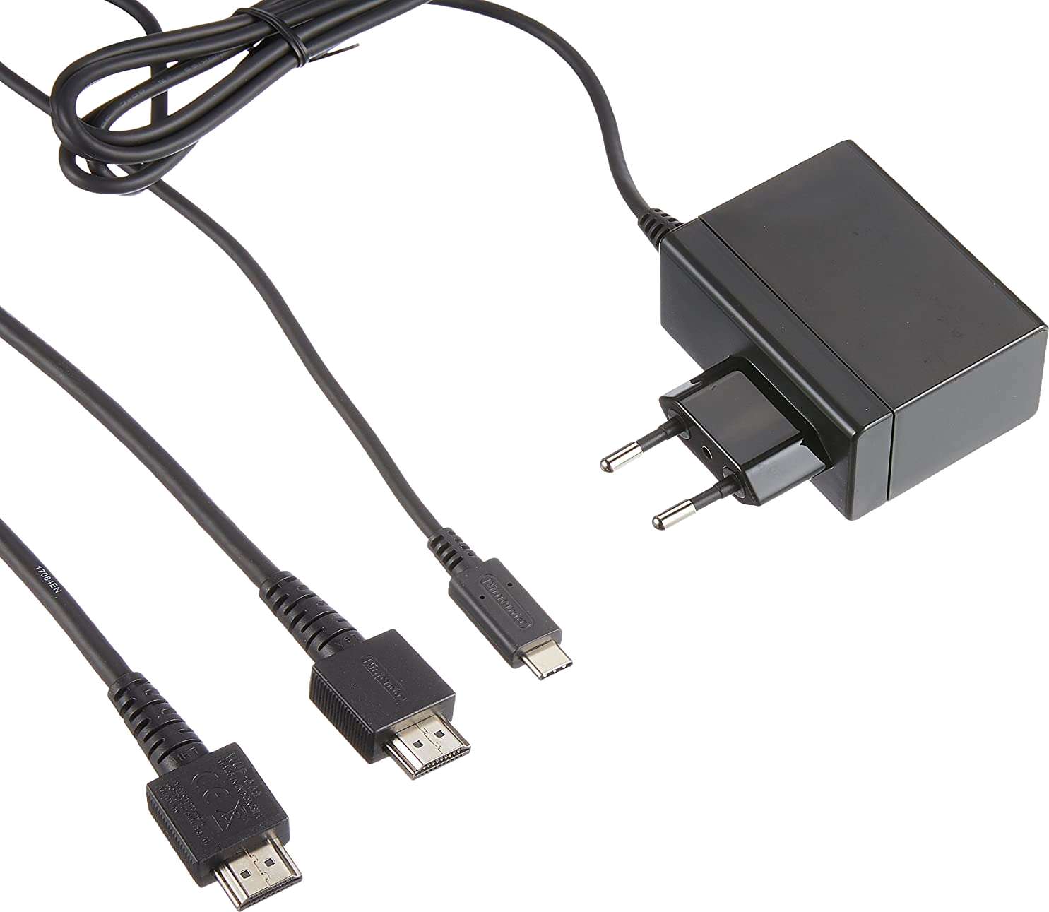 Fekete hálózati adapter kábelekkel és csatlakozókkal, fehér háttér.