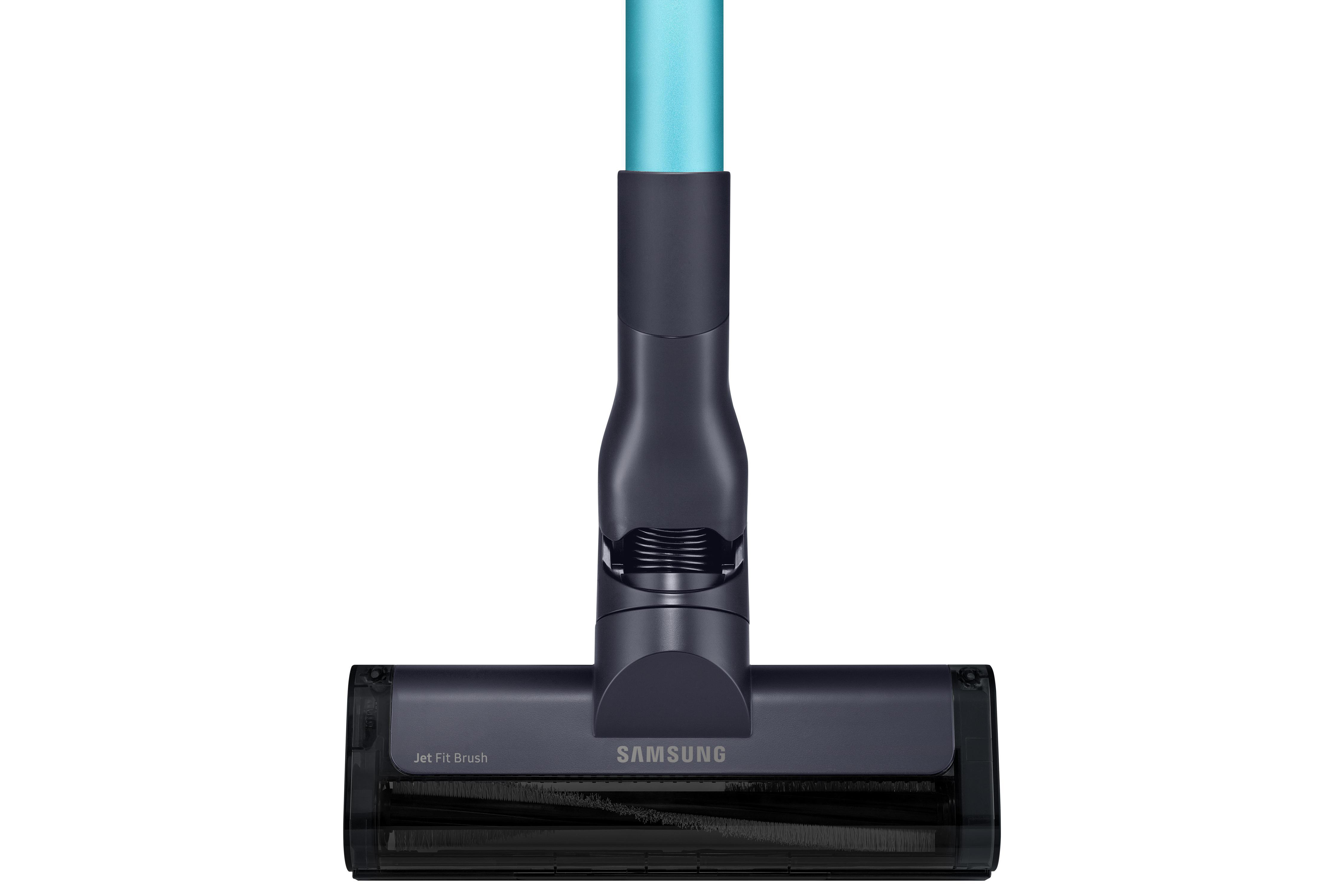 Die Vorderseite eines dunkelblauen Samsung Jet Fit Brush Staubsaugerkopfes mit türkisfarbener Verlängerung.