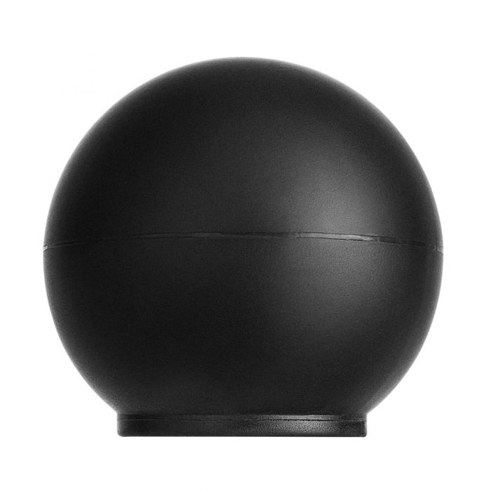 Schwarze Kugel auf weißem Hintergrund, glatte Oberfläche.