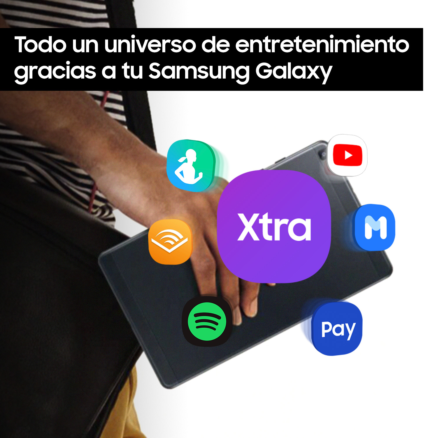 Una tableta con iconos de aplicaciones y texto 'Todo un universo...Galaxy'.