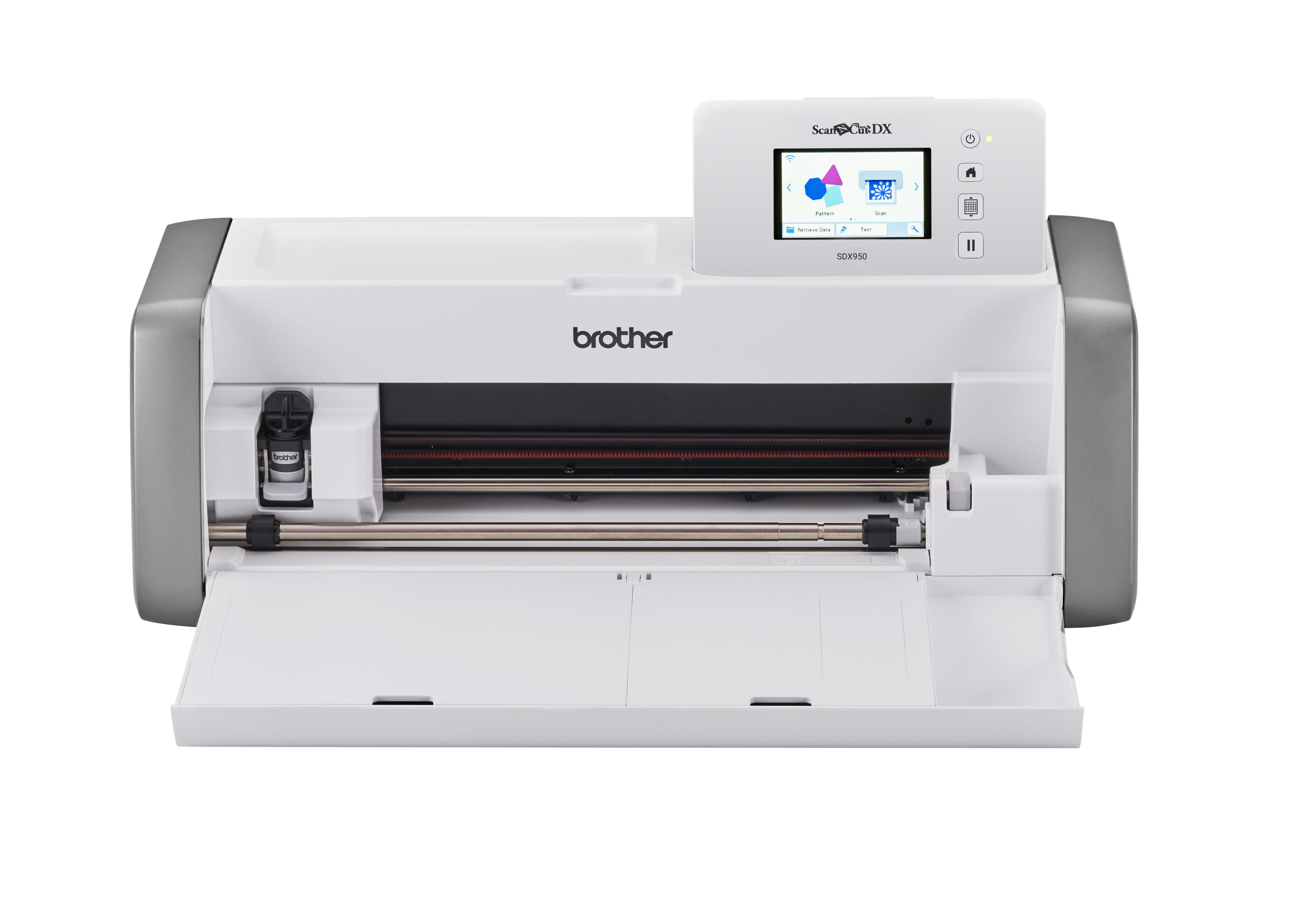 Weißer Brother-Scanner mit offener Front und einem Bildschirm mit Grafik.
