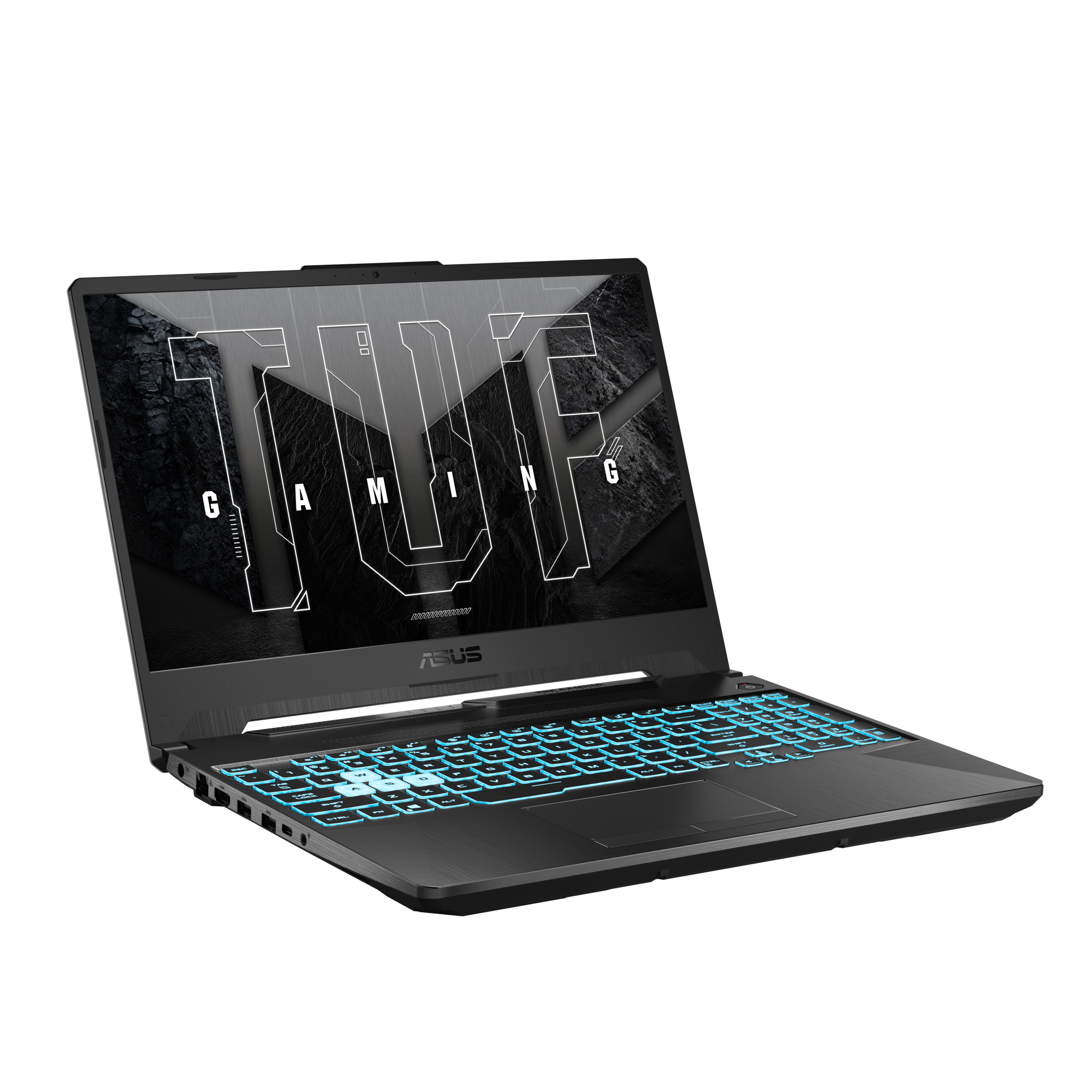 Siyah bir dizüstü bilgisayar açık ve açılı. Klavyede mavi arka aydınlatma var. Ekran beyaz bir TUF logosu gösteriyor.