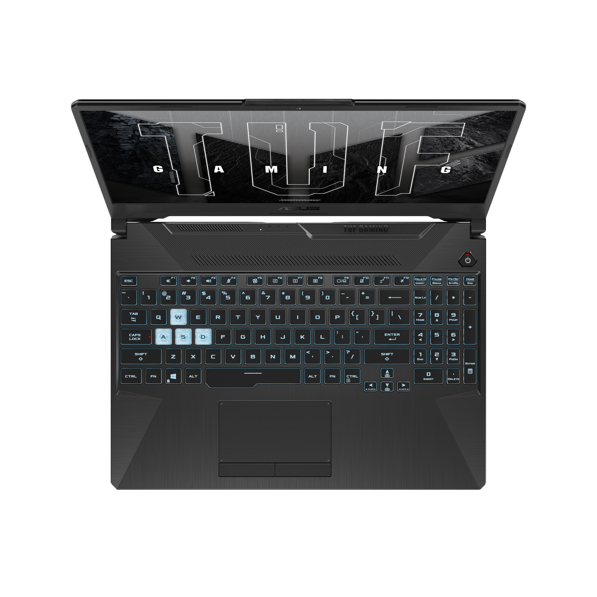 Mavi ışıklı klavyeli ve dijital tasarımlı ekrana sahip siyah dizüstü bilgisayar.