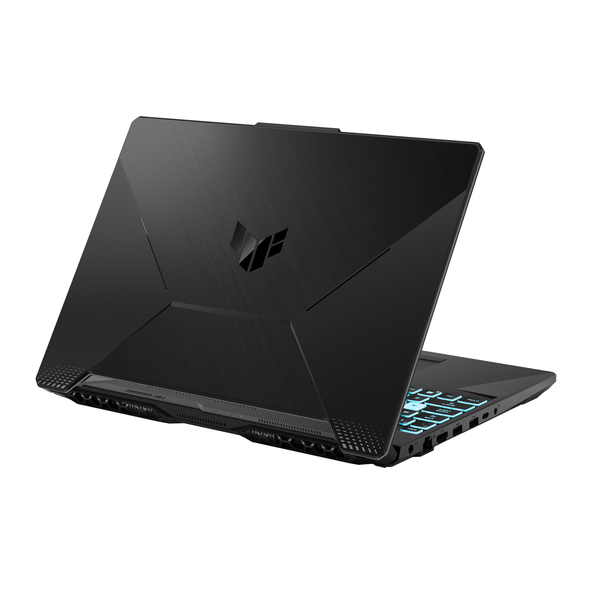 Arkasından siyah bir dizüstü bilgisayar. Ortada bir logo ve aydınlatmalı klavye tuşları var. Arka plan karanlık.