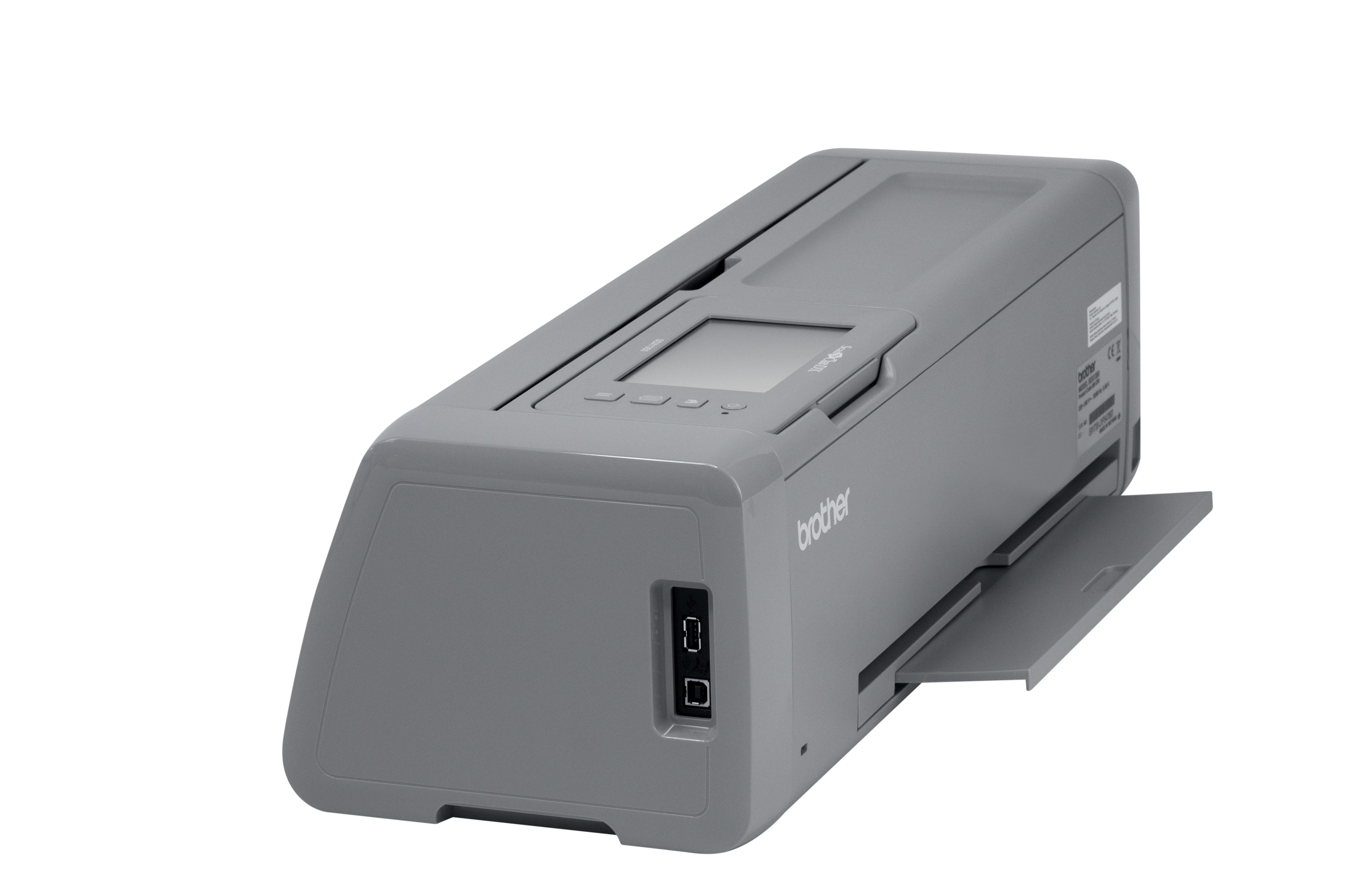 Grauer Brother-Scanner, zeigt Bedienfeld und Papierfach, isoliert auf weißem Hintergrund.