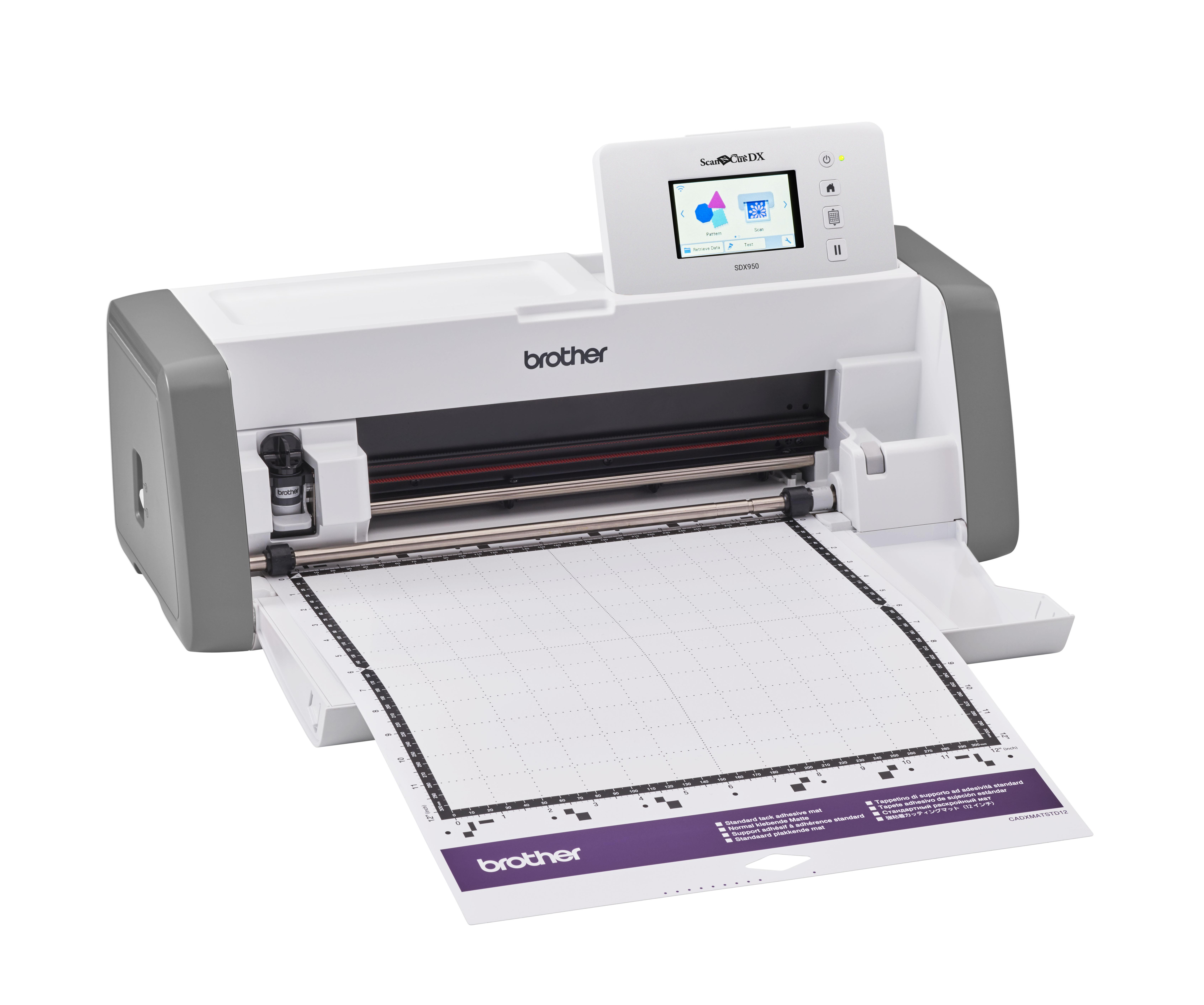 Brother-Scanner. Weiß und grau, mit ausgezogenem Papierfach. Bildschirm oben.