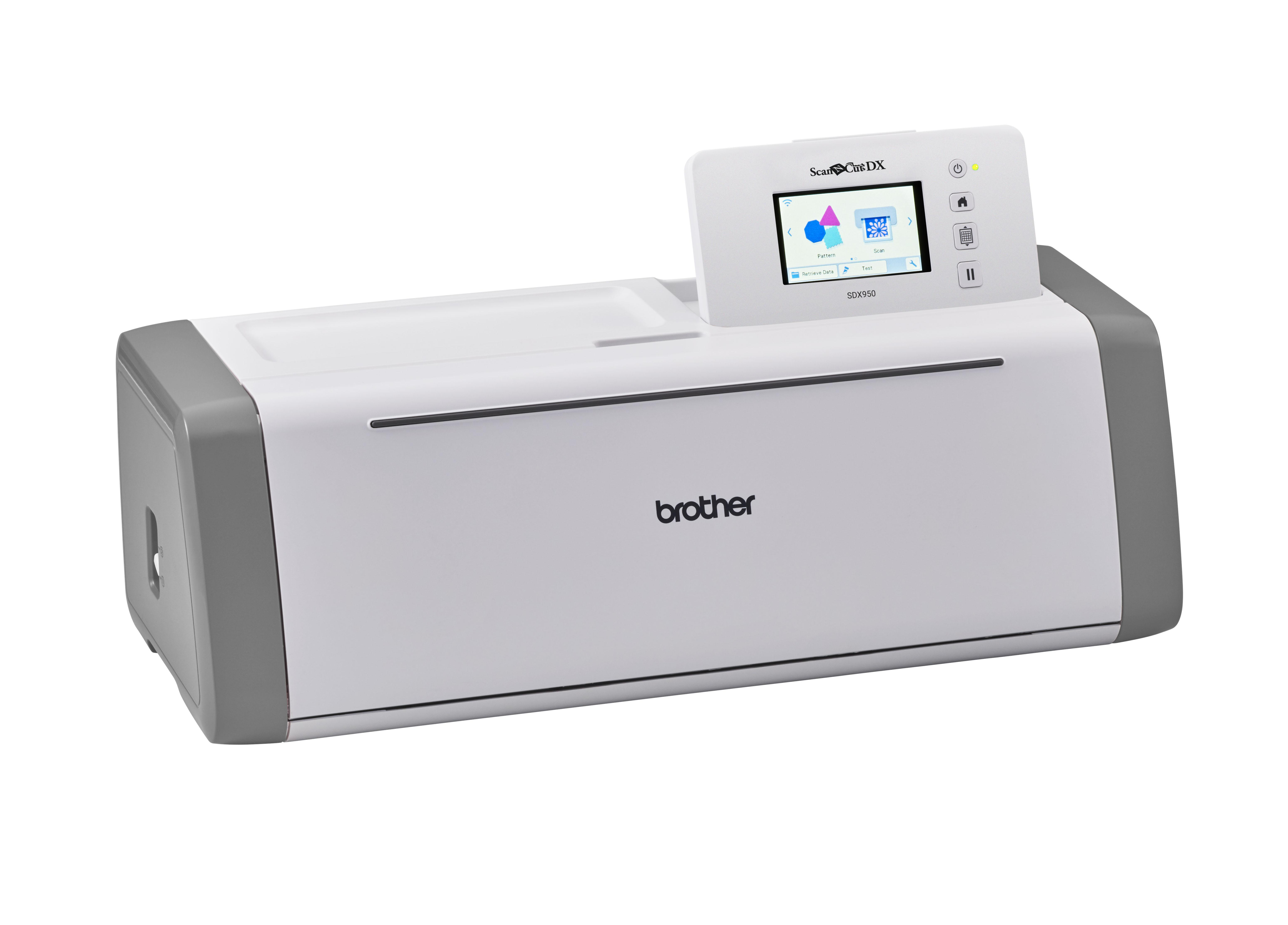 Ein weiß-grauer Brother-Scanner mit Bildschirm und Brother-Logo.