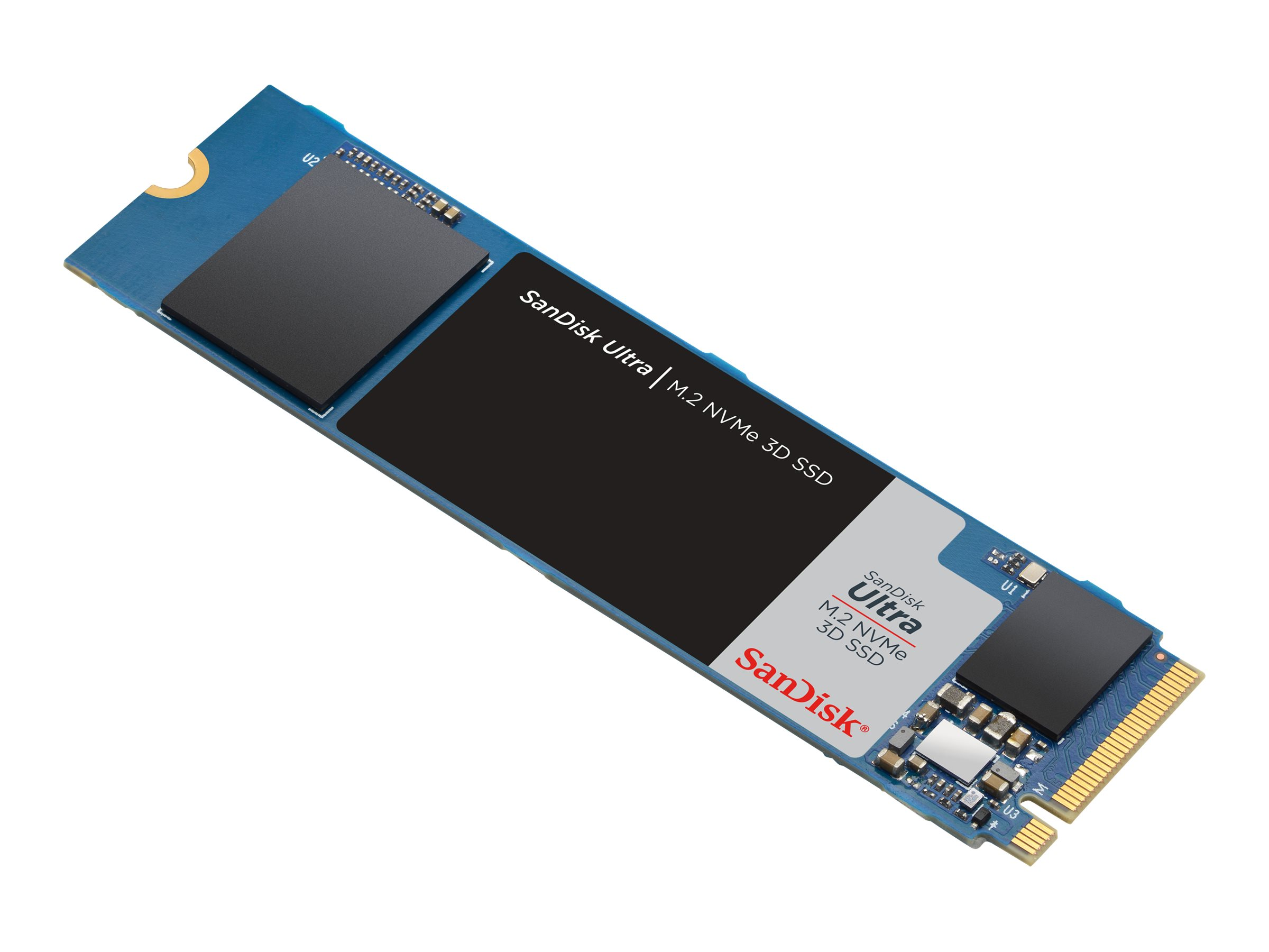 SSD-Laufwerk, Sandisk Ultra. Blaue Platine, schwarzer rechteckiger Speicherblock.