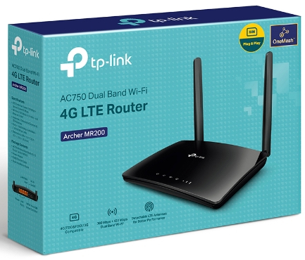 A router in a box with antennas and details about the product.